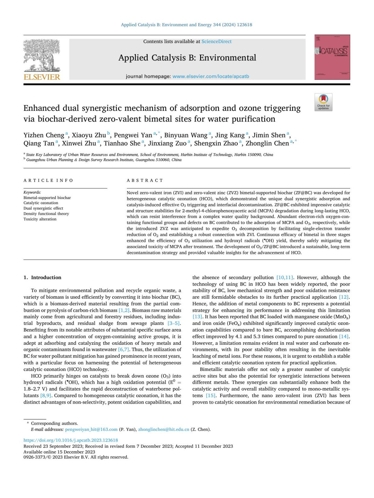 Enhanced Dual Synergistic Mechanism Of Adsorption And Ozone Triggering Via Biocharderived Zerovalent Bimetal Sites For Water Purification Yizhen Cheng