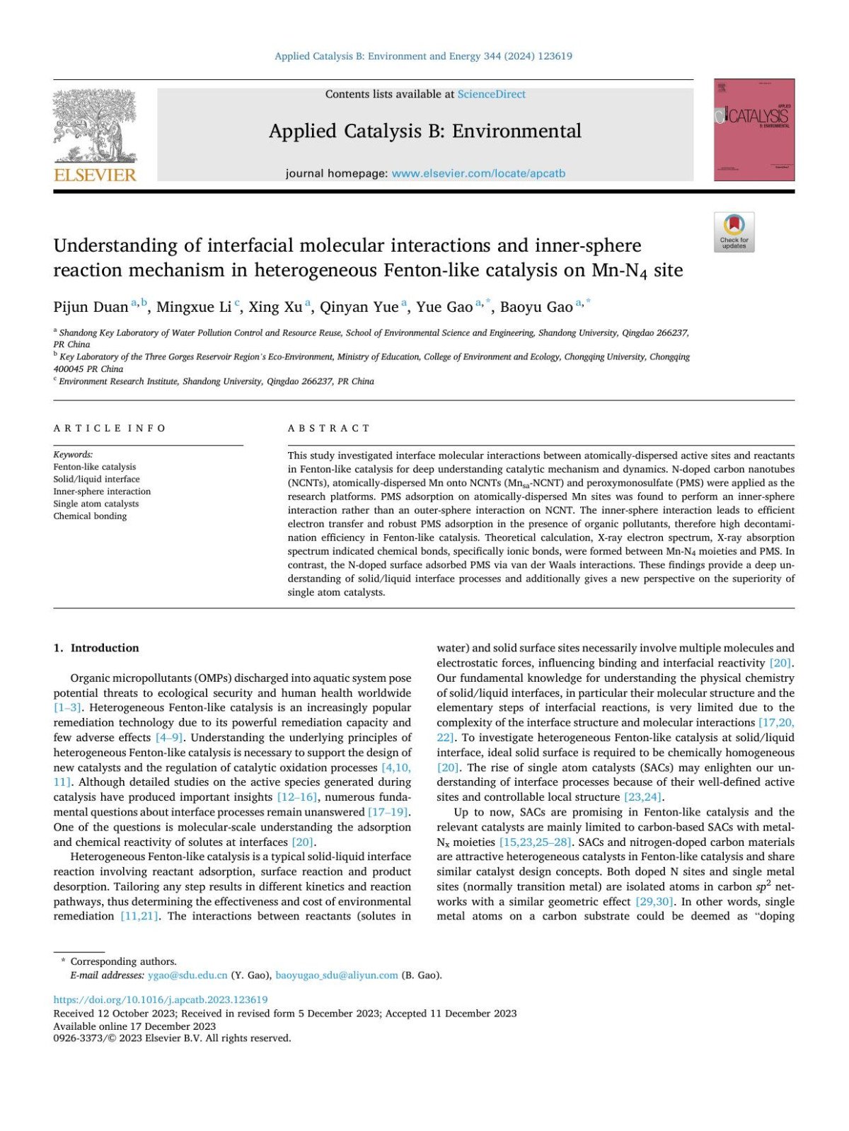 Understanding Of Interfacial Molecular Interactions And Innersphere Reaction Mechanism In Heterogeneous Fentonlike Catalysis On Mnn4 Site Pijun Duan
