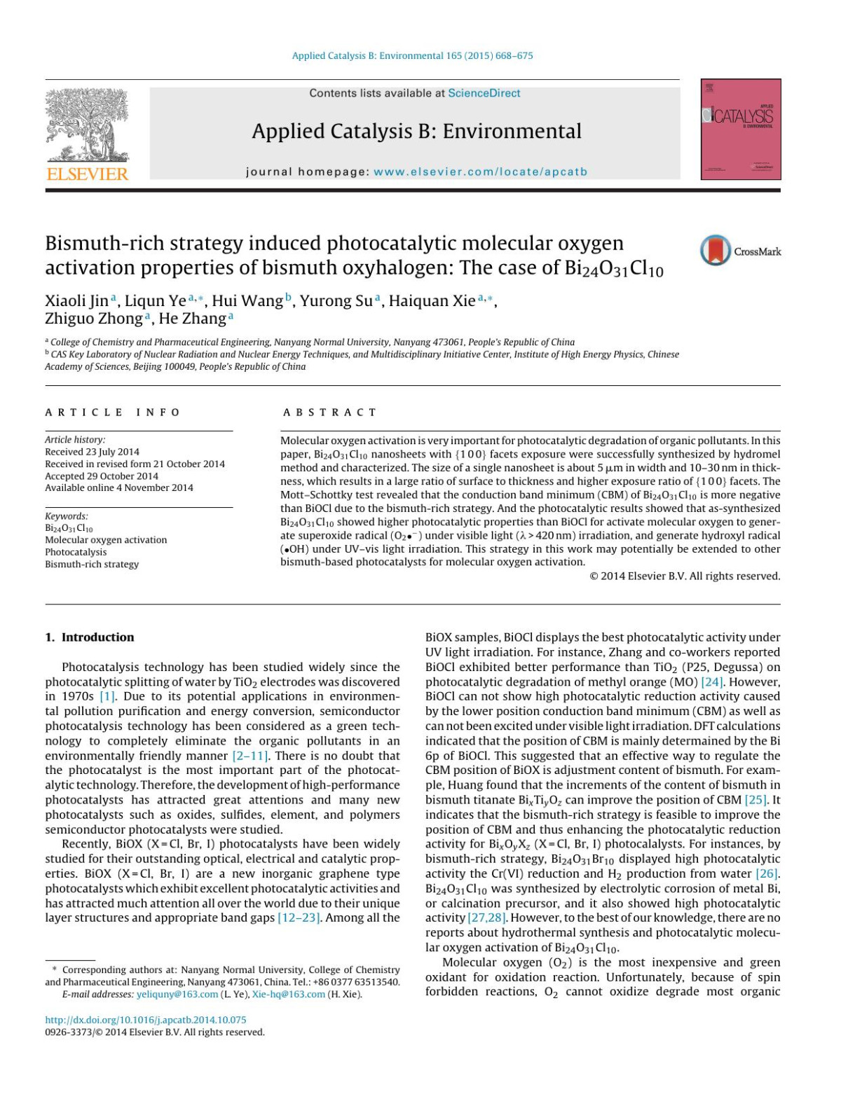 Bismuthrich Strategy Induced Photocatalytic Molecular Oxygen Activation Properties Of Bismuth Oxyhalogen The Case Of Bi24o31cl10 Xiaoli Jin Liqun Ye Hui Wang Yurong Su Haiquan Xie Zhiguo Zhong He Zhang