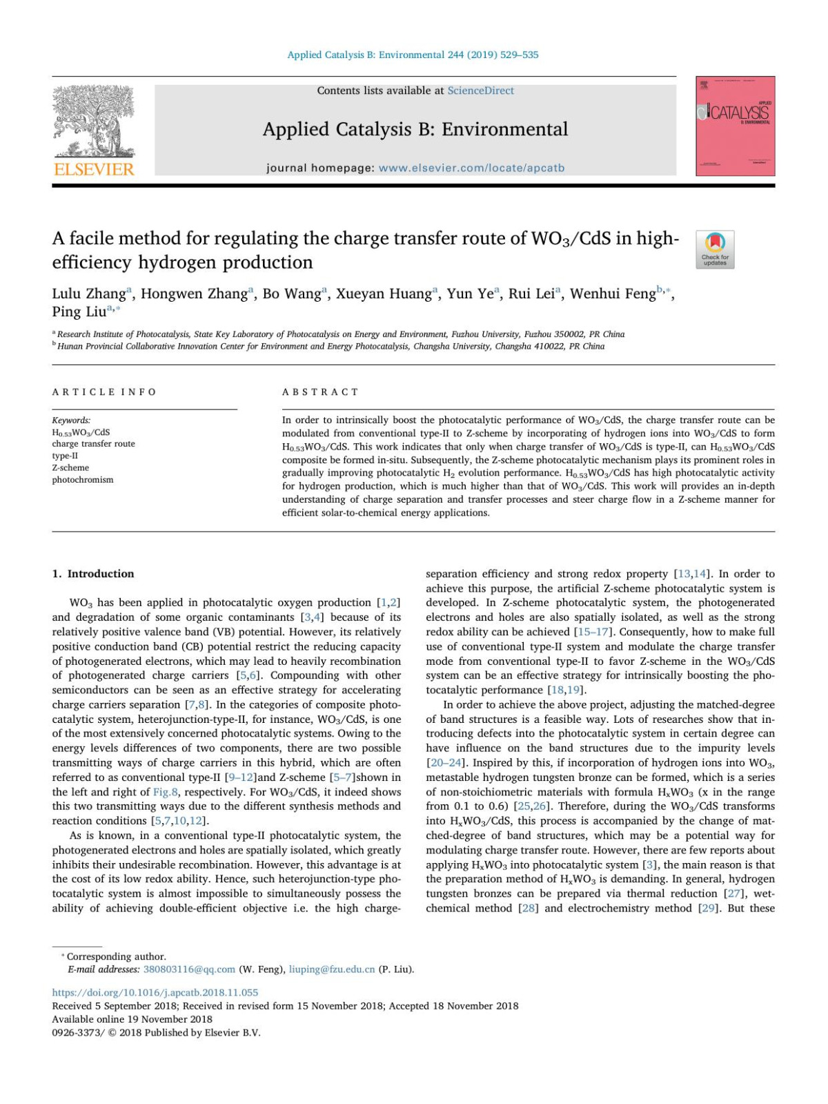 A Facile Method For Regulating The Charge Transfer Route Of Wo3cds In Highefficiency Hydrogen Production Lulu Zhang Hongwen Zhang Bo Wang Xueyan Huang Yun Ye Rui Lei Wenhui Feng Ping Liu