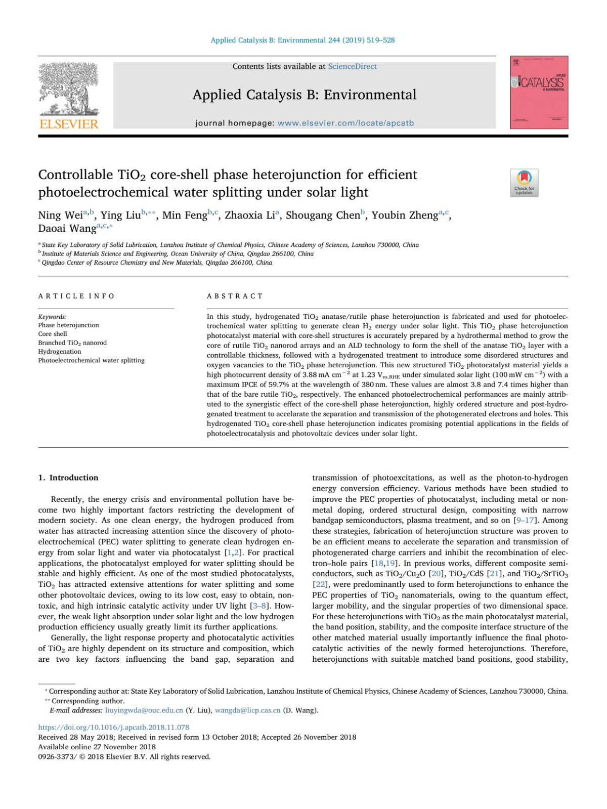 Controllable Tio2 Coreshell Phase Heterojunction For Efficient Photoelectrochemical Water Splitting Under Solar Light Ning Wei Ying Liu Min Feng Zhaoxia Li Shougang Chen Youbin Zheng Daoai Wang