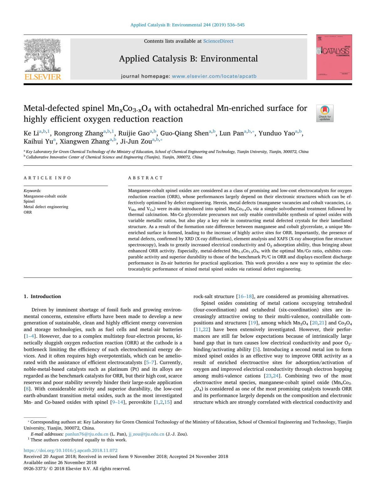 Metaldefected Spinel Mnxco3xo4 With Octahedral Mnenriched Surface For Highly Efficient Oxygen Reduction Reaction Ke Li Rongrong Zhang Ruijie Gao Guoqiang Shen Lun Pan Yunduo Yao Kaihui Yu Xiangwen Zhang Jijun Zou
