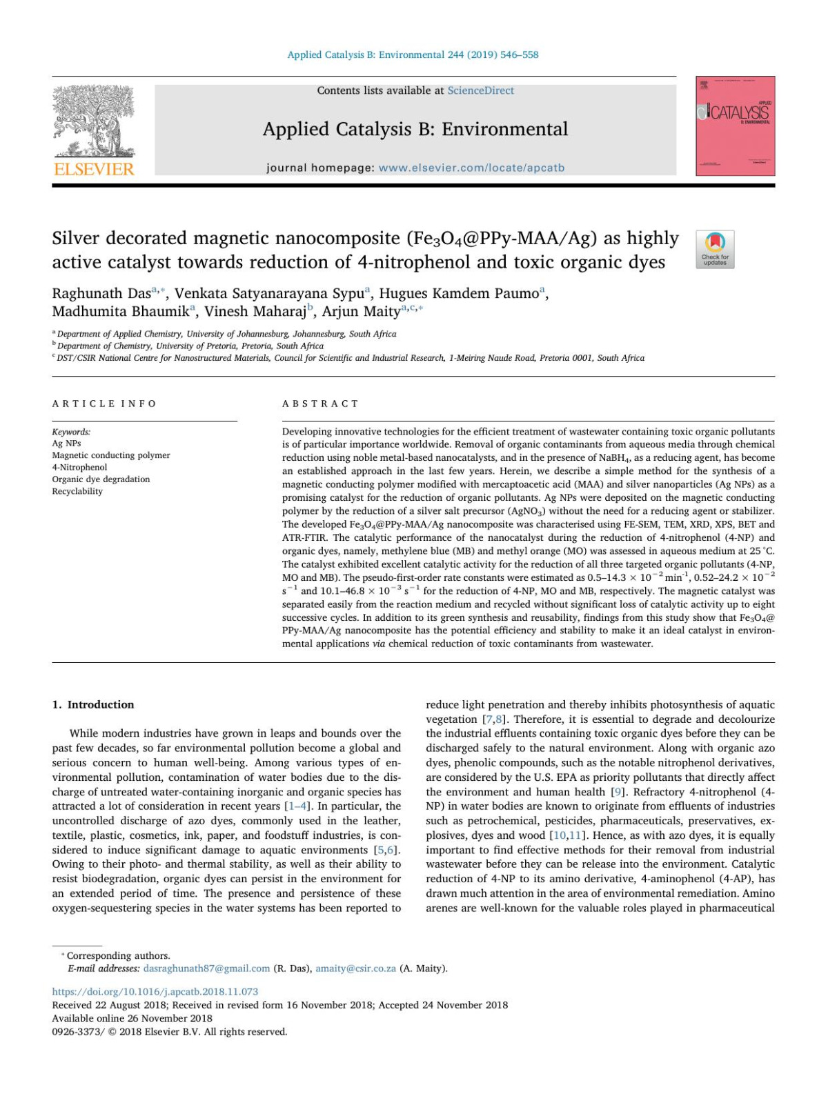 Silver Decorated Magnetic Nanocomposite Fe3o4ppymaaag As Highly Active Catalyst Towards Reduction Of 4nitrophenol And Toxic Organic Dyes Raghunath Das Venkata Satyanarayana Sypu Hugues Kamdem Paumo Madhumita Bhaumik Vinesh Maharaj Arjun Maity