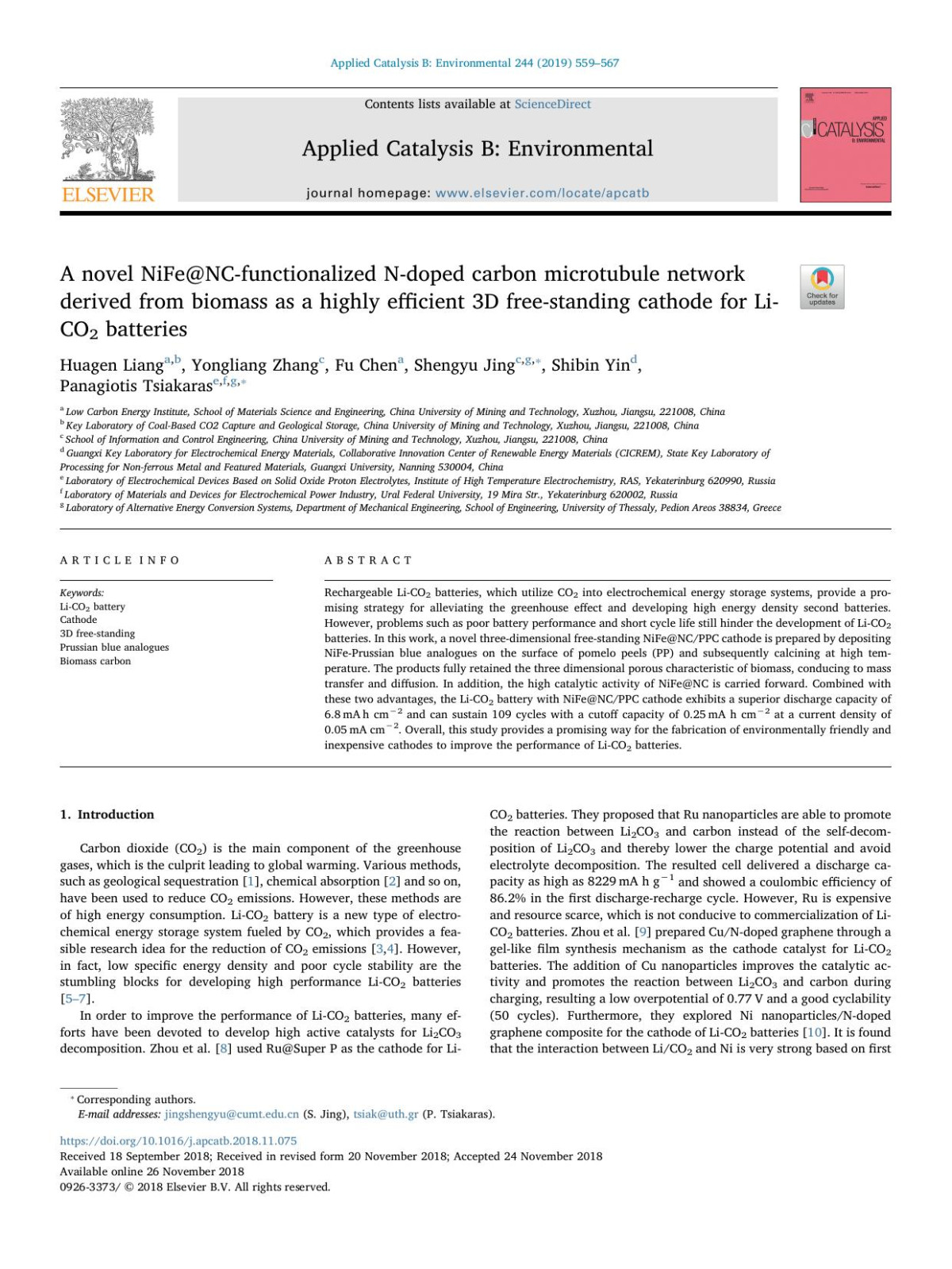 A Novel Nifencfunctionalized Ndoped Carbon Microtubule Network Derived From Biomass As A Highly Efficient 3d Freestanding Cathode For Lico2 Batteries Huagen Liang Yongliang Zhang Fu Chen Shengyu Jing Shibin Yin Panagiotis Tsiakaras