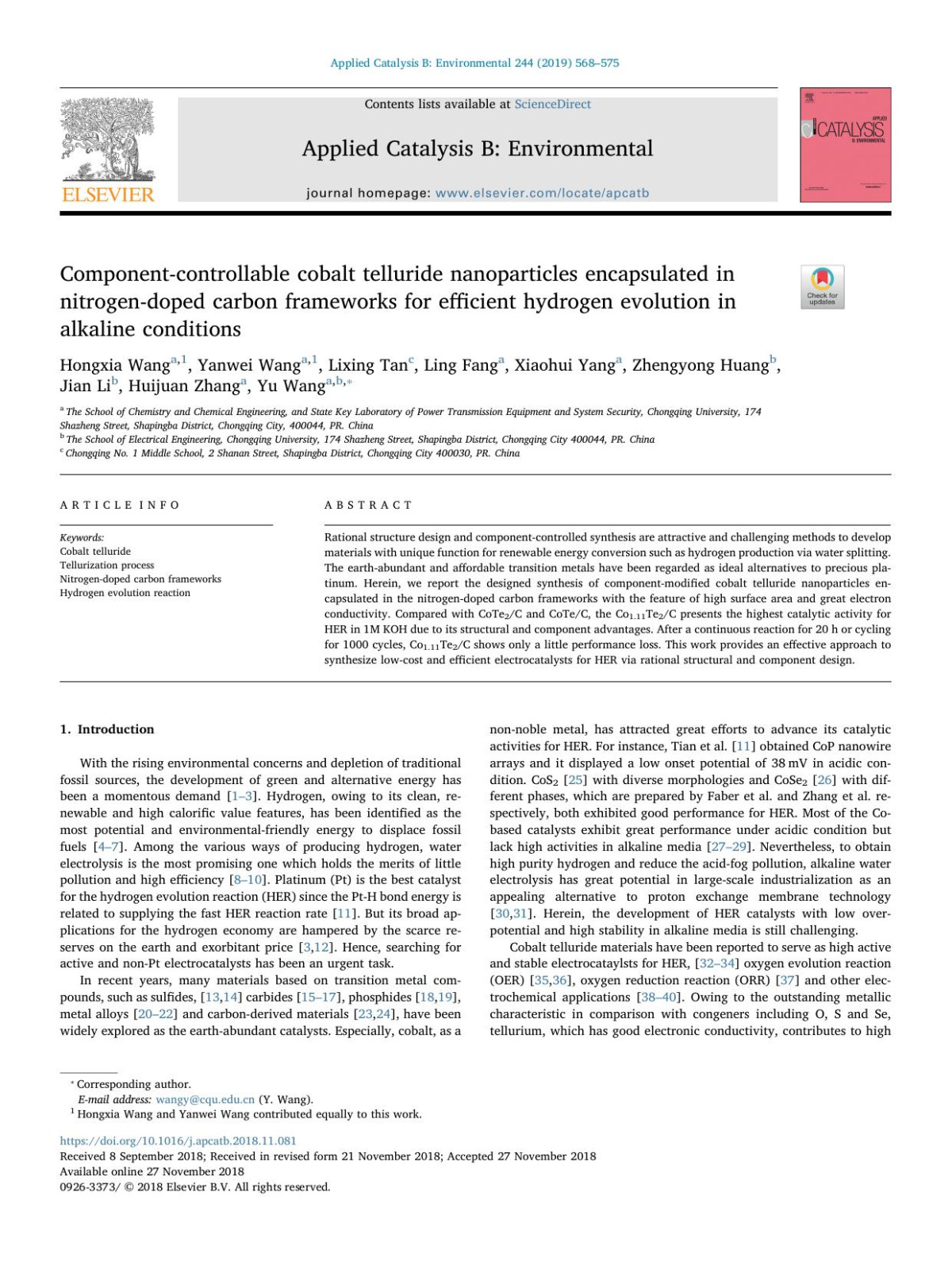 Componentcontrollable Cobalt Telluride Nanoparticles Encapsulated In Nitrogendoped Carbon Frameworks For Efficient Hydrogen Evolution In Alkaline Conditions Hongxia Wang Yanwei Wang Lixing Tan Ling Fang Xiaohui Yang Zhengyong Huang Jian Li Huijuan Zhang Yu Wang