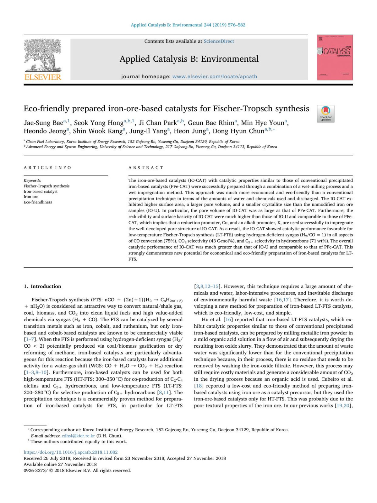 Ecofriendly Prepared Ironorebased Catalysts For Fischertropsch Synthesis Jaesung Bae Seok Yong Hong Ji Chan Park Geun Bae Rhim Min Hye Youn Heondo Jeong Shin Wook Kang Jungil Yang Heon Jung Dong Hyun Chun