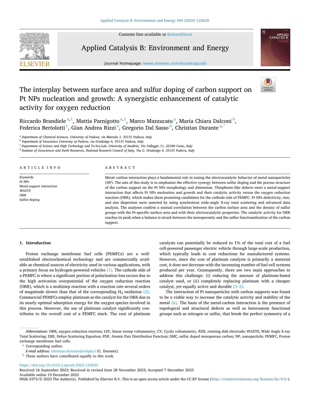 The Interplay Between Surface Area And Sulfur Doping Of Carbon Support On Pt Nps Nucleation And Growth A Synergistic Enhancement Of Catalytic Activity For Oxygen Reduction Riccardo Brandiele