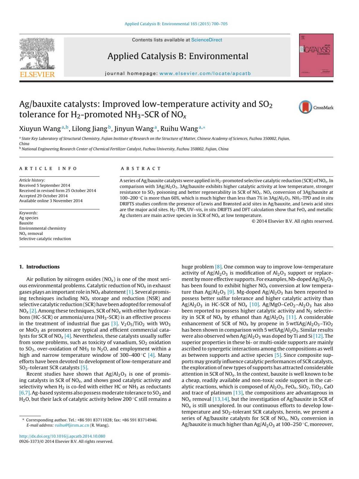 Agbauxite Catalysts Improved Lowtemperature Activity And So2 Tolerance For H2promoted Nh3scr Of Nox Xiuyun Wang Lilong Jiang Jinyun Wang Ruihu Wang