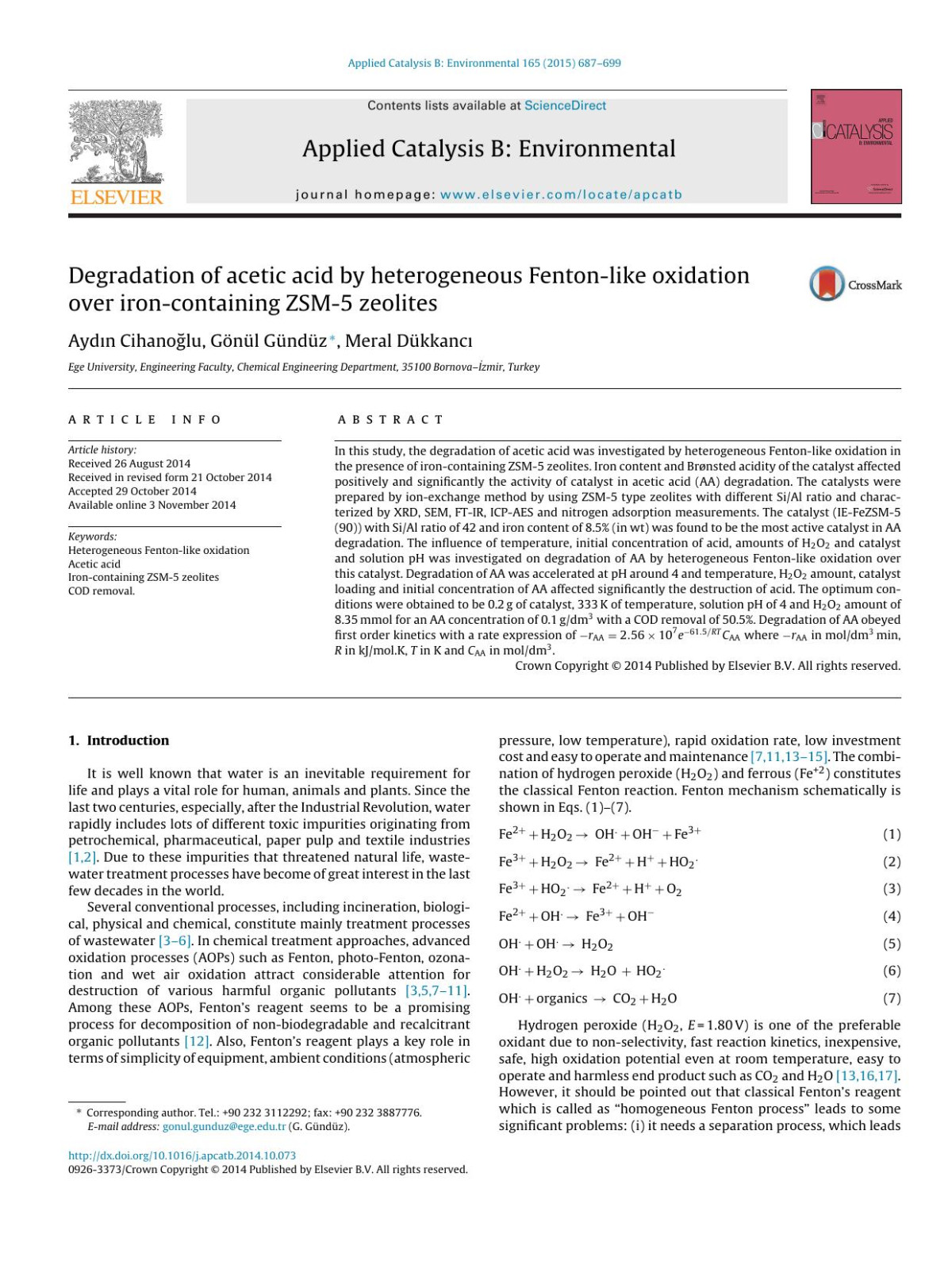 Degradation Of Acetic Acid By Heterogeneous Fentonlike Oxidation Over Ironcontaining Zsm5 Zeolites Aydn Cihanolu Gnl Gndz Meral Dkkanc