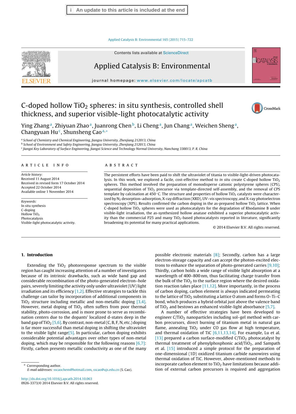 Cdoped Hollow Tio2 Spheres In Situ Synthesis Controlled Shell Thickness And Superior Visiblelight Photocatalytic Activity Ying Zhang Zhiyuan Zhao Juanrong Chen Li Cheng Jun Chang Weichen Sheng Changyuan Hu Shunsheng Cao