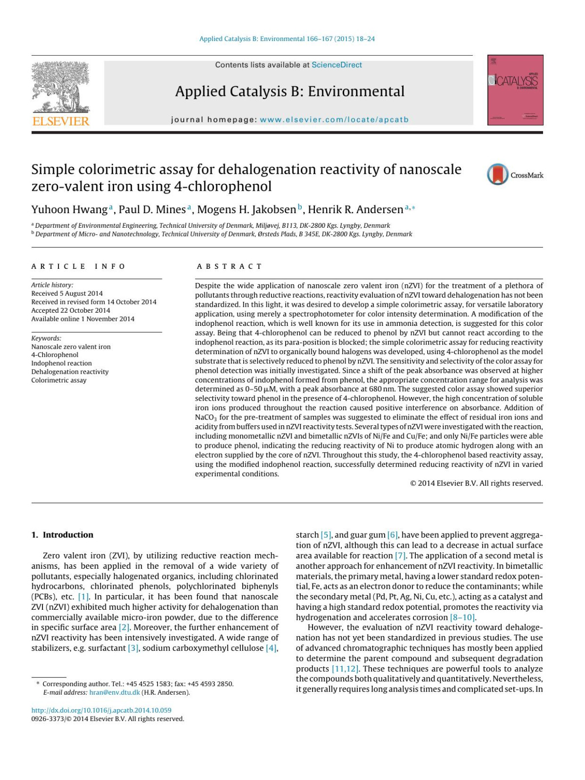 Simple Colorimetric Assay For Dehalogenation Reactivity Of Nanoscale Zerovalent Iron Using 4chlorophenol Yuhoon Hwang Paul D Mines Mogens H Jakobsen Henrik R Andersen