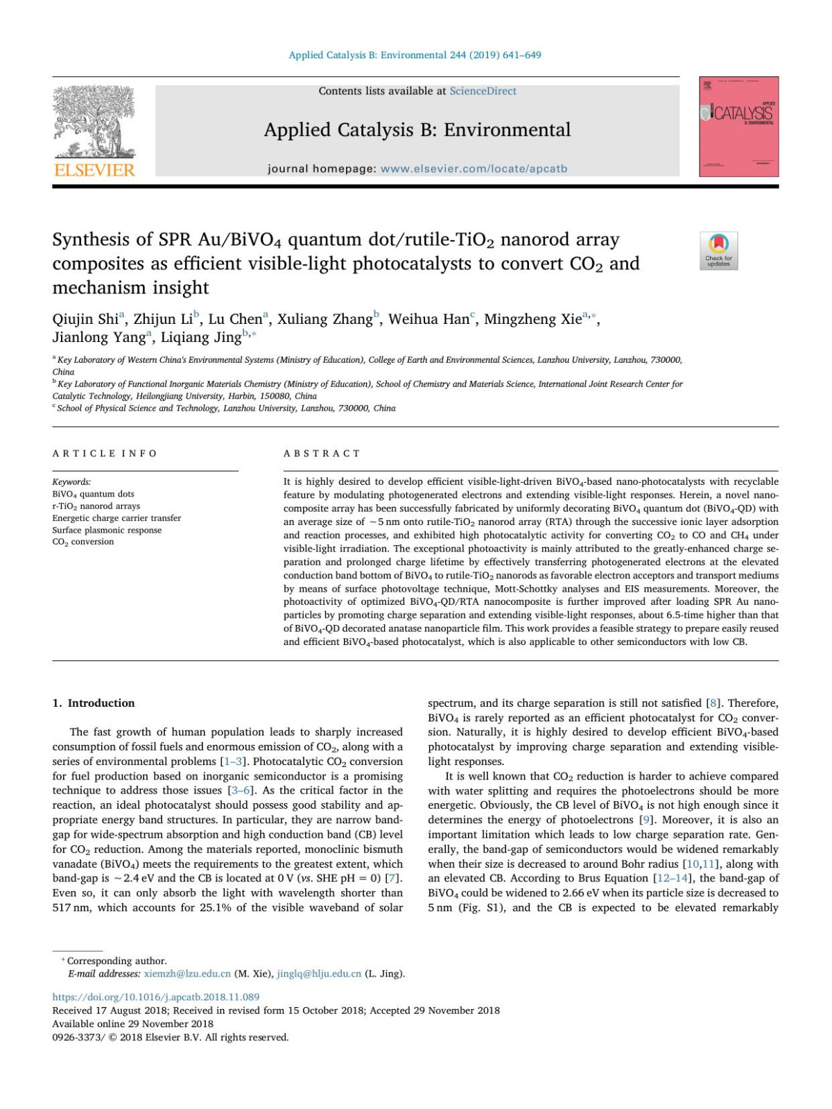 Synthesis Of Spr Aubivo4 Quantum Dotrutiletio2 Nanorod Array Composites As Efficient Visiblelight Photocatalysts To Convert Co2 And Mechanism Insight Qiujin Shi Zhijun Li Lu Chen Xuliang Zhang Weihua Han Mingzheng Xie Jianlong Yang Liqiang Jing