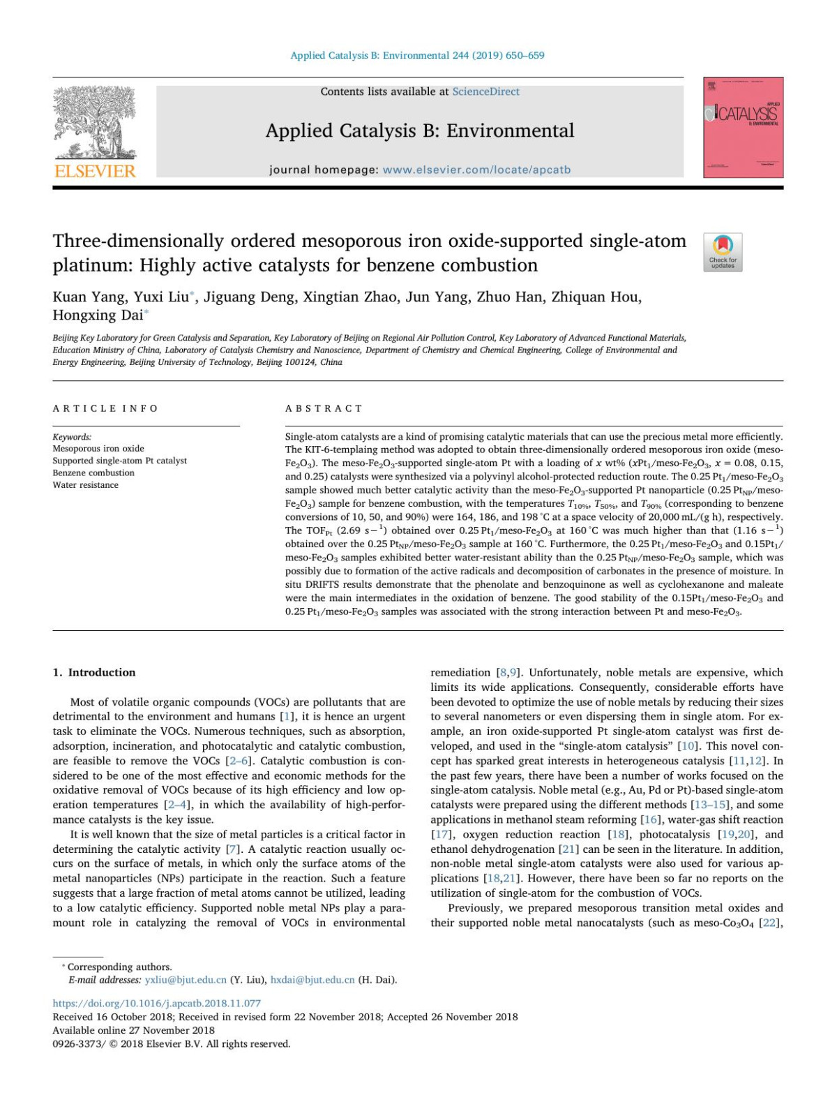 Threedimensionally Ordered Mesoporous Iron Oxidesupported Singleatom Platinum Highly Active Catalysts For Benzene Combustion Kuan Yang Yuxi Liu Jiguang Deng Xingtian Zhao Jun Yang Zhuo Han Zhiquan Hou Hongxing Dai