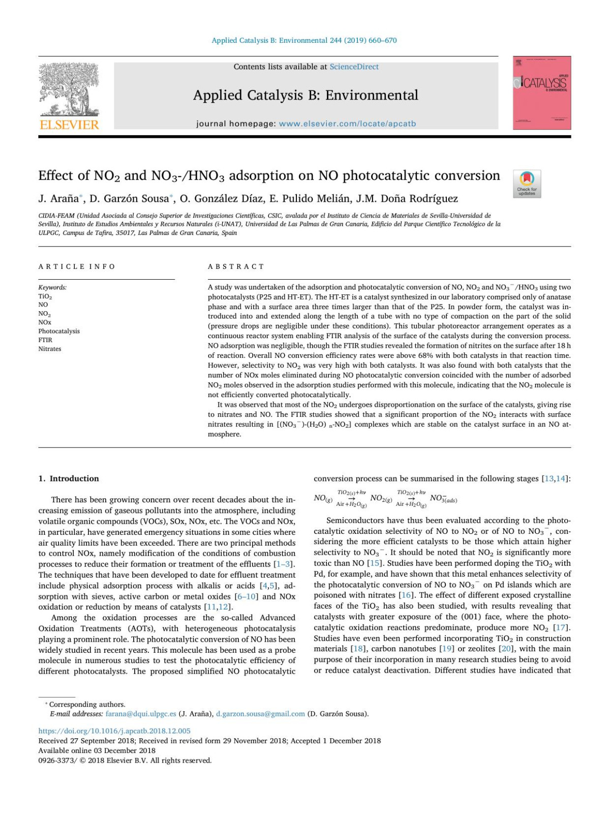 Effect Of No2 And No3hno3 Adsorption On No Photocatalytic Conversion J Araa D Garzn Sousa O Gonzlez Daz E Pulido Melin Jm Doa Rodrguez