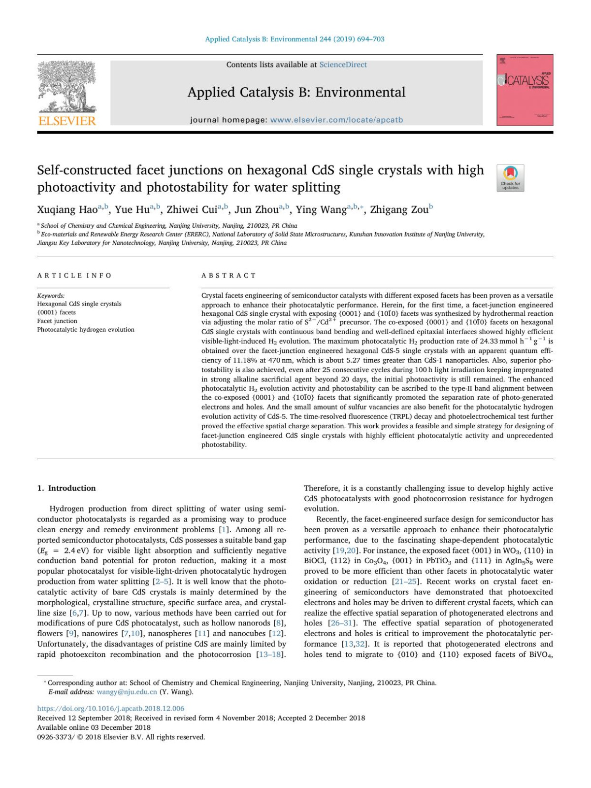 Selfconstructed Facet Junctions On Hexagonal Cds Single Crystals With High Photoactivity And Photostability For Water Splitting Xuqiang Hao Yue Hu Zhiwei Cui Jun Zhou Ying Wang Zhigang Zou