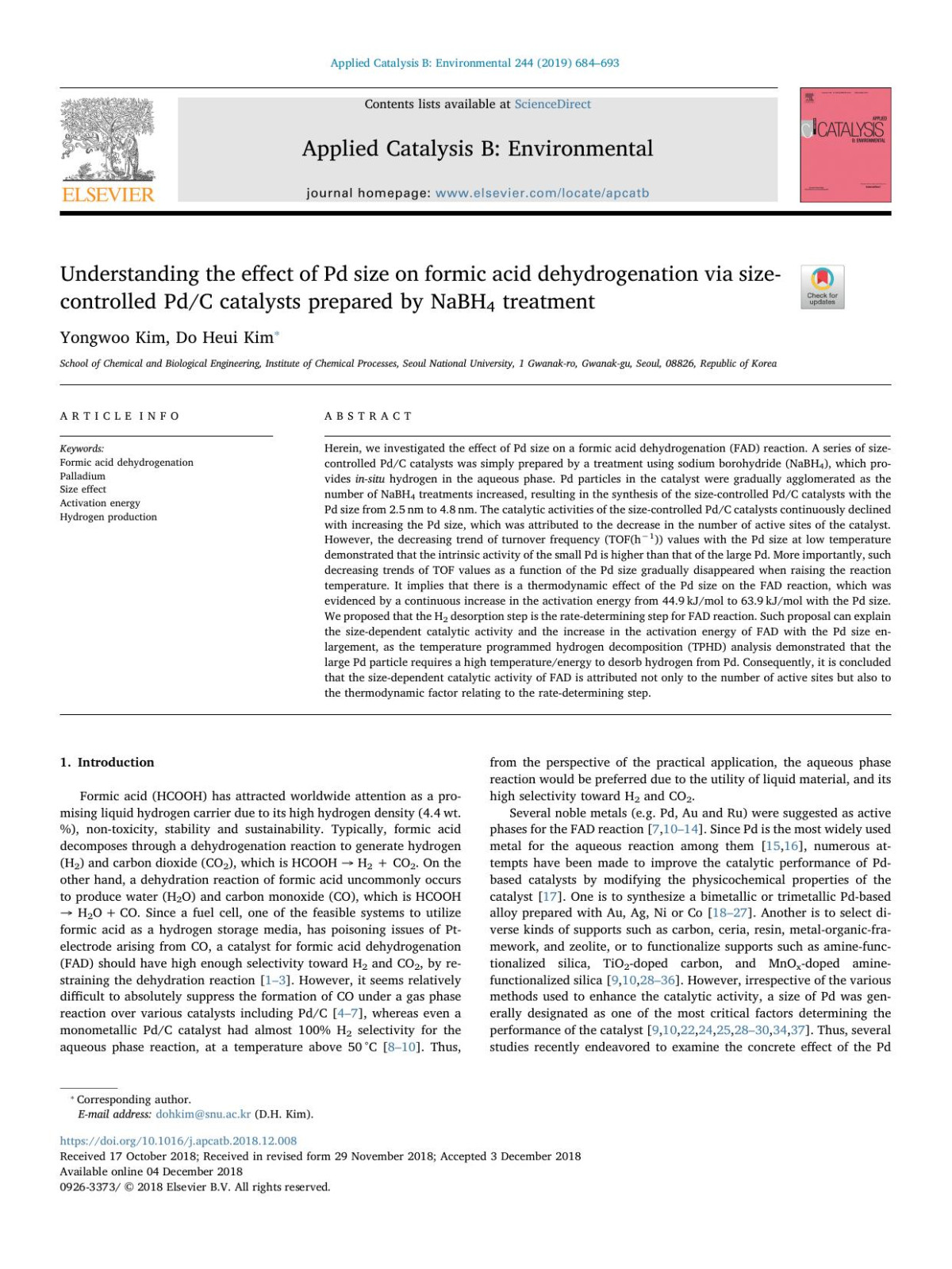 Understanding The Effect Of Pd Size On Formic Acid Dehydrogenation Via Sizecontrolled Pdc Catalysts Prepared By Nabh4 Treatment Yongwoo Kim Do Heui Kim
