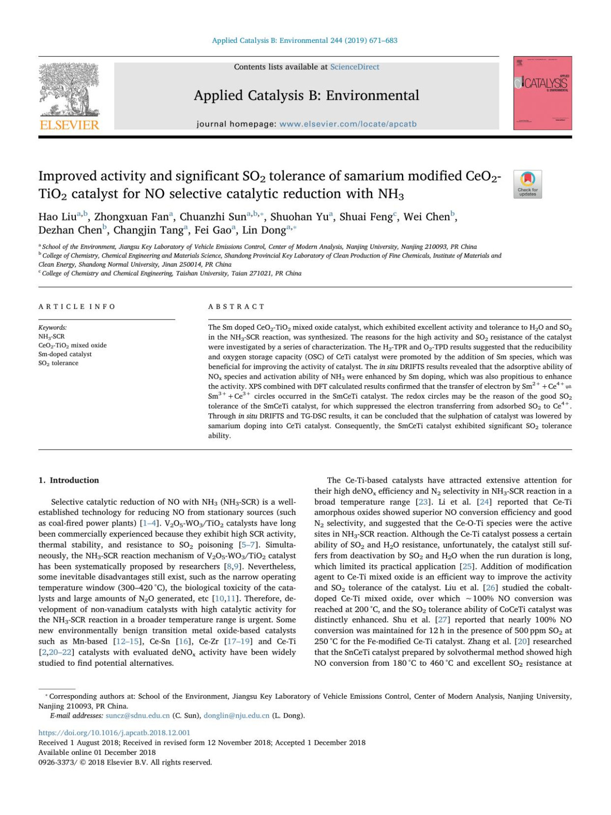 Improved Activity And Significant So2 Tolerance Of Samarium Modified Ceo2tio2 Catalyst For No Selective Catalytic Reduction With Nh3 Hao Liu Zhongxuan Fan Chuanzhi Sun Shuohan Yu Shuai Feng Wei Chen Dezhan Chen Changjin Tang Fei Gao Lin Dong