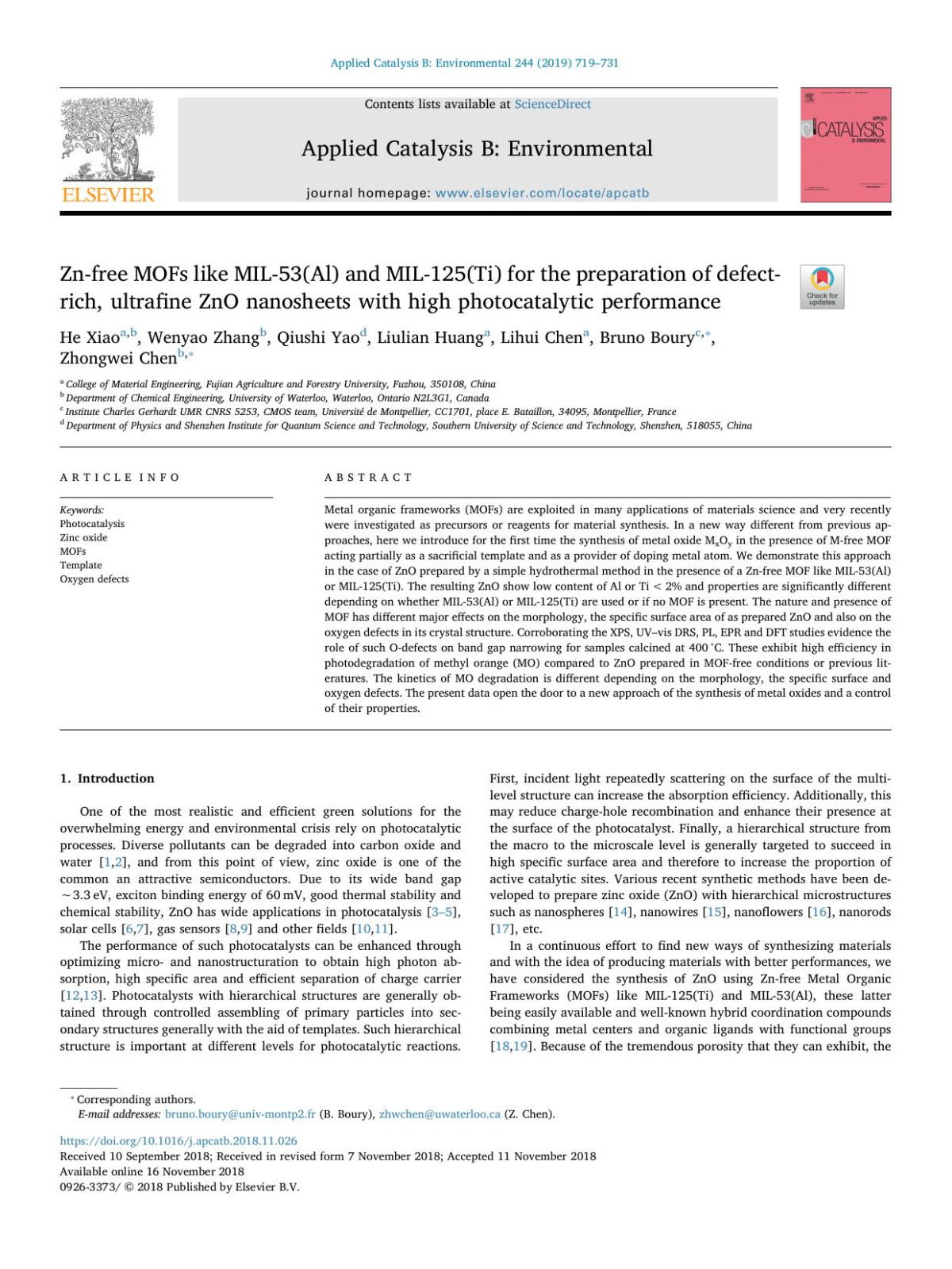 Znfree Mofs Like Mil53al And Mil125ti For The Preparation Of Defectrich Ultrafine Zno Nanosheets With High Photocatalytic Performance He Xiao Wenyao Zhang Qiushi Yao Liulian Huang Lihui Chen Bruno Boury Zhongwei Chen