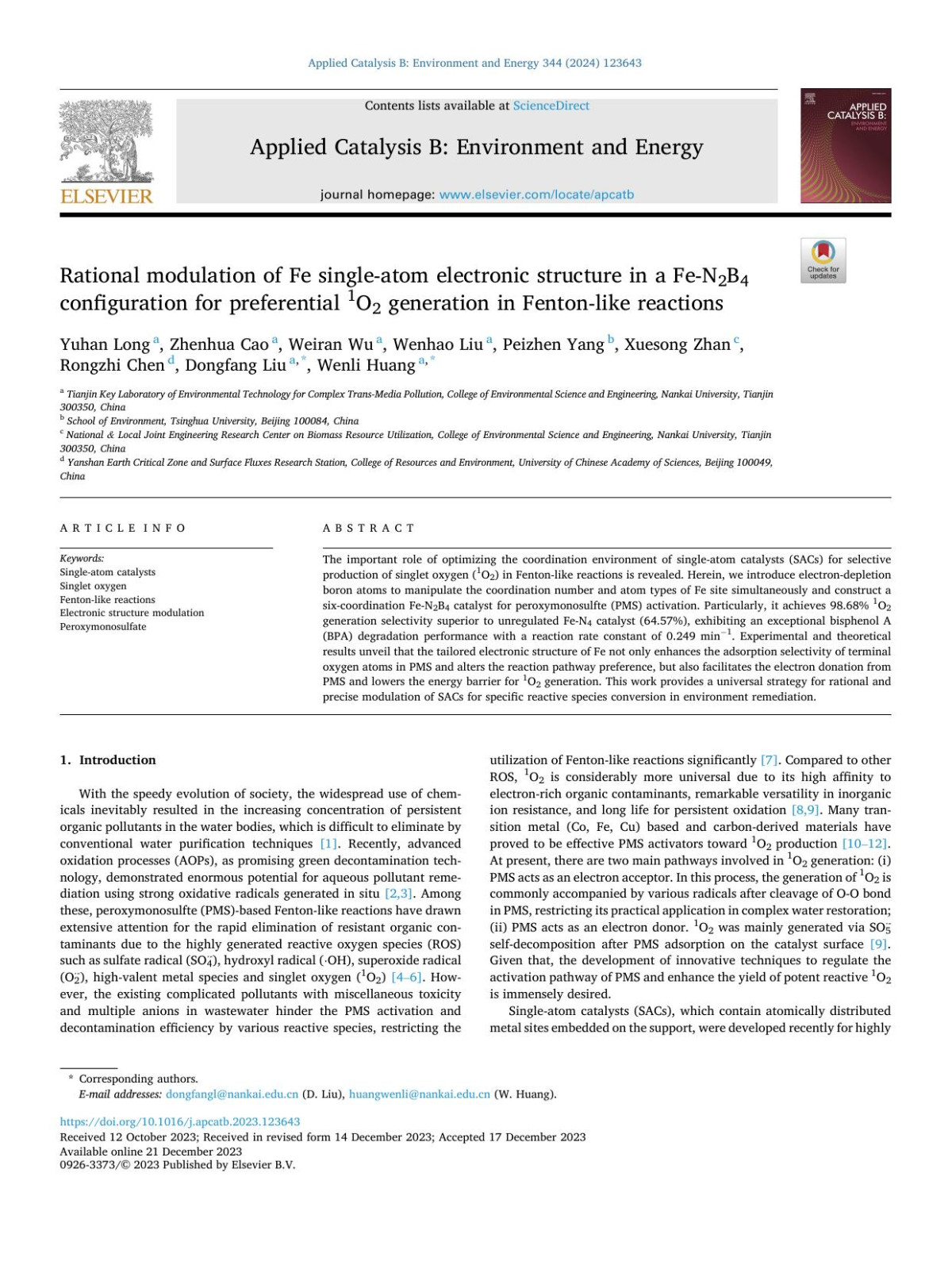 Rational Modulation Of Fe Singleatom Electronic Structure In A Fen2b4 Configuration For Preferential 1o2 Generation In Fentonlike Reactions Yuhan Long
