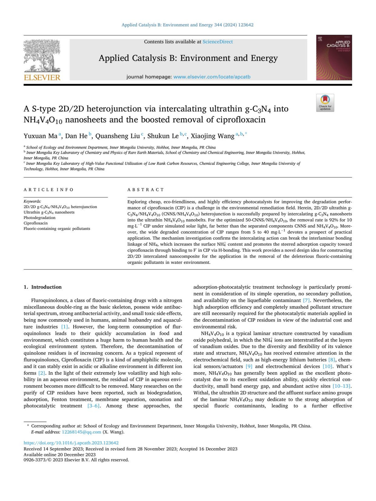 A Stype 2d2d Heterojunction Via Intercalating Ultrathin Gc3n4 Into Nh4v4o10 Nanosheets And The Boosted Removal Of Ciprofloxacin Yuxuan Ma
