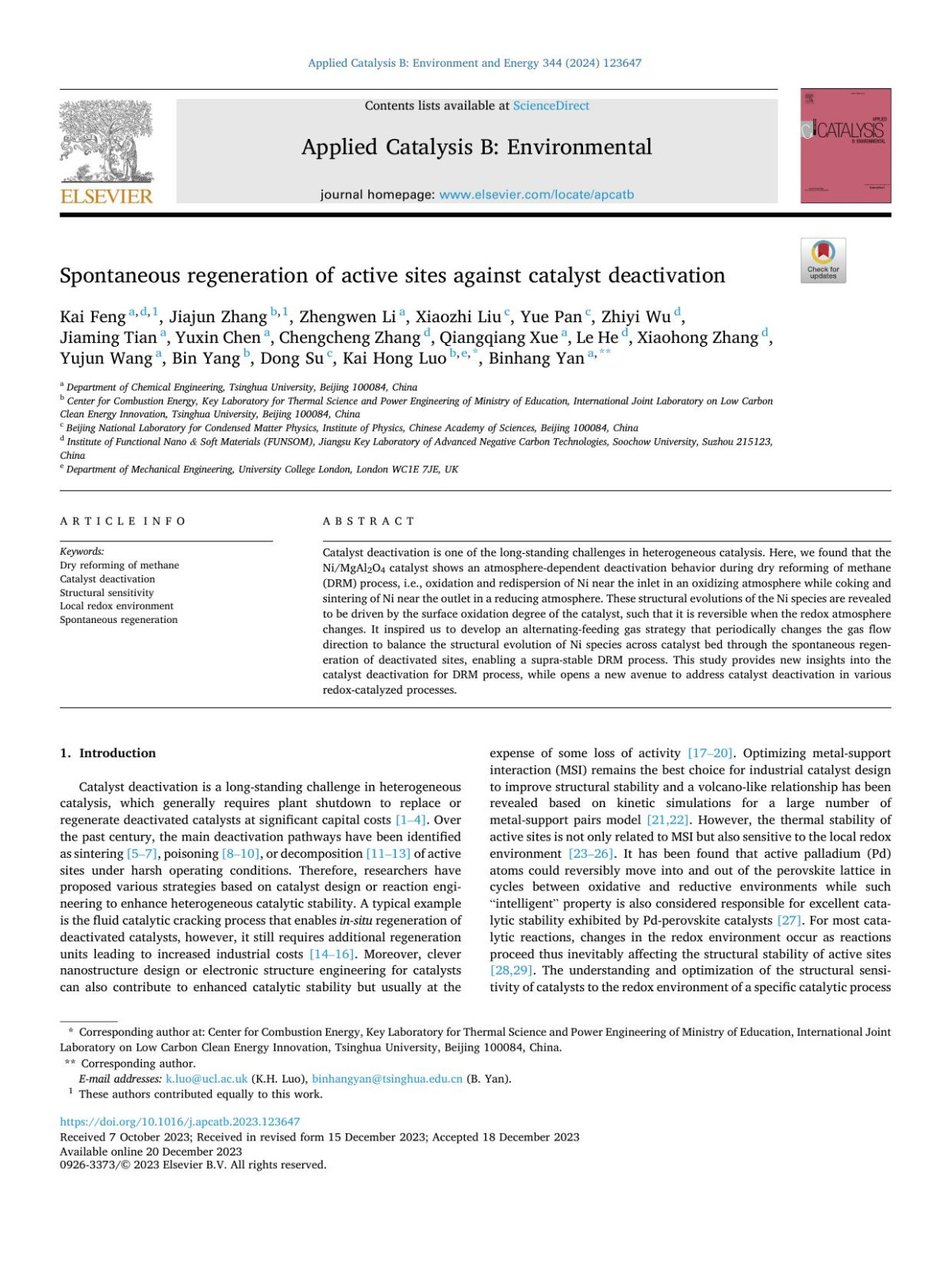 Spontaneous Regeneration Of Active Sites Against Catalyst Deactivation Kai Feng