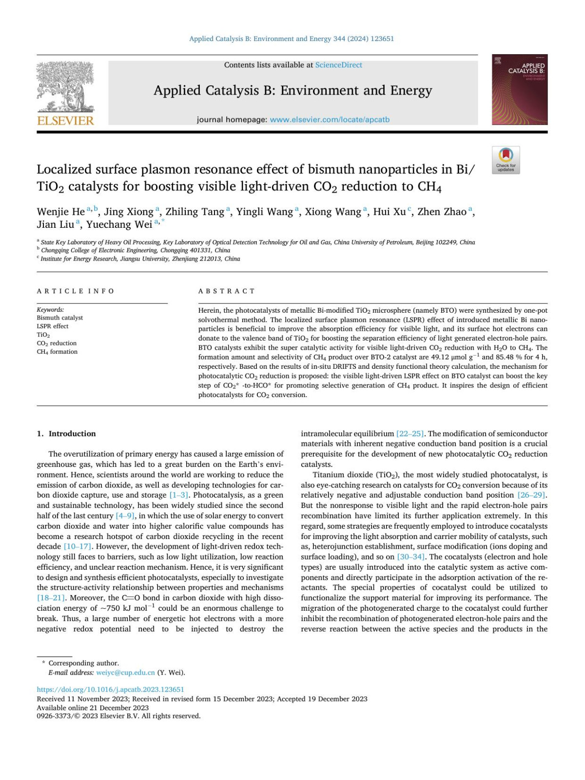 Localized Surface Plasmon Resonance Effect Of Bismuth Nanoparticles In Bitio2 Catalysts For Boosting Visible Lightdriven Co2 Reduction To Ch4 Wenjie He