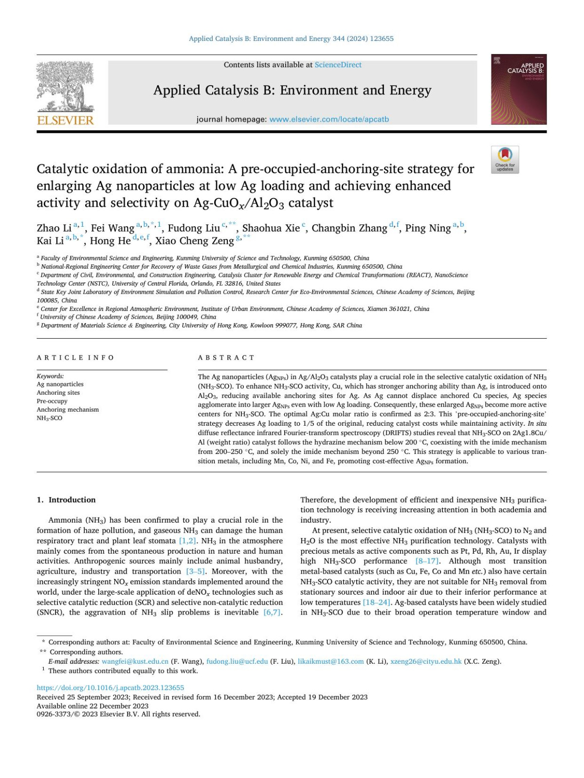 Catalytic Oxidation Of Ammonia A Preoccupiedanchoringsite Strategy For Enlarging Ag Nanoparticles At Low Ag Loading And Achieving Enhanced Activity And Selectivity On Agcuo X Al2o3 Catalyst Zhao Li
