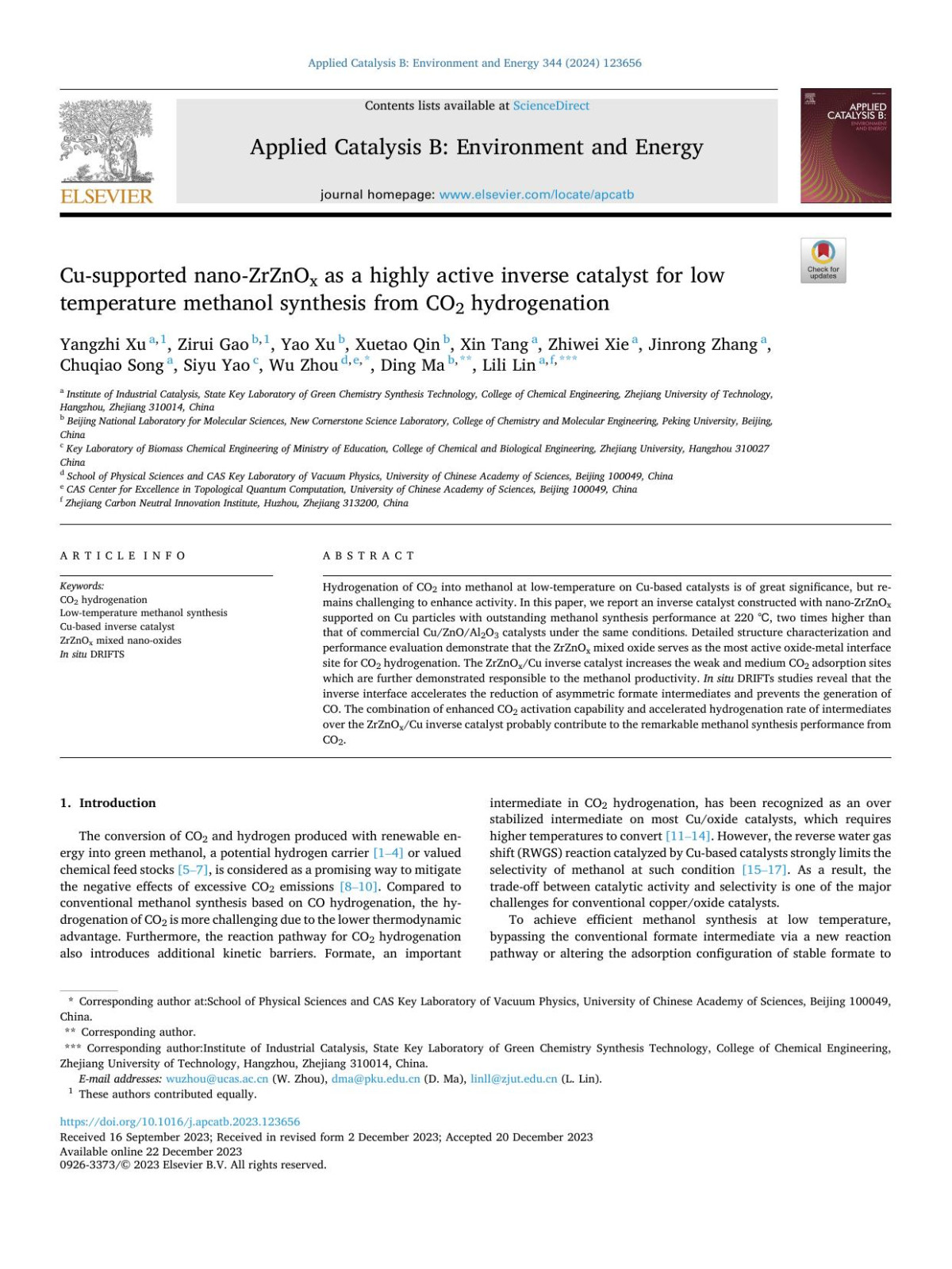 Cusupported Nanozrznox As A Highly Active Inverse Catalyst For Low Temperature Methanol Synthesis From Co2 Hydrogenation Yangzhi Xu
