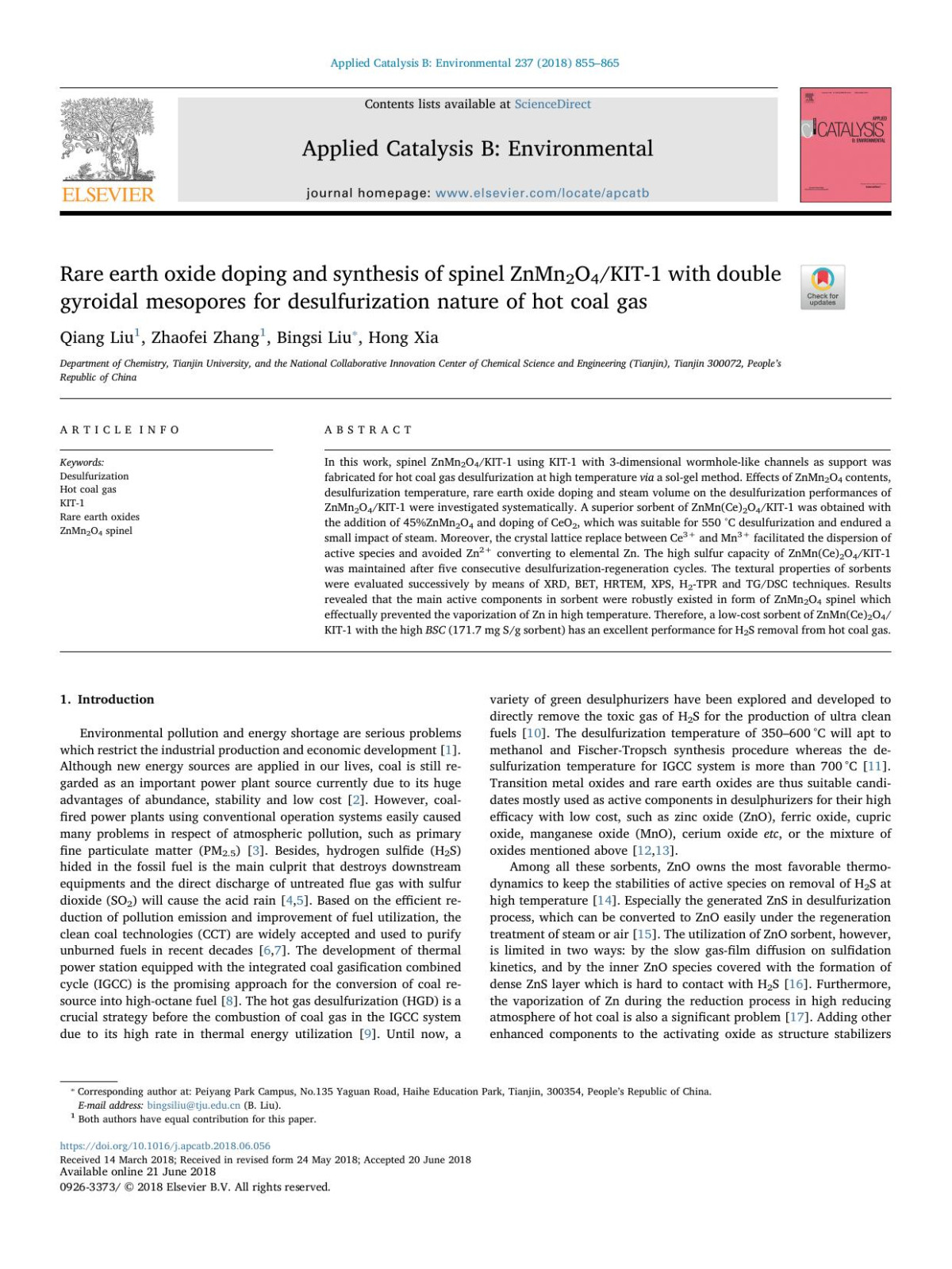 Rare Earth Oxide Doping And Synthesis Of Spinel Znmn2o4kit1 With Double Gyroidal Mesopores For Desulfurization Nature Of Hot Coal Gas Qiang Liu Zhaofei Zhang Bingsi Liu Hong Xia
