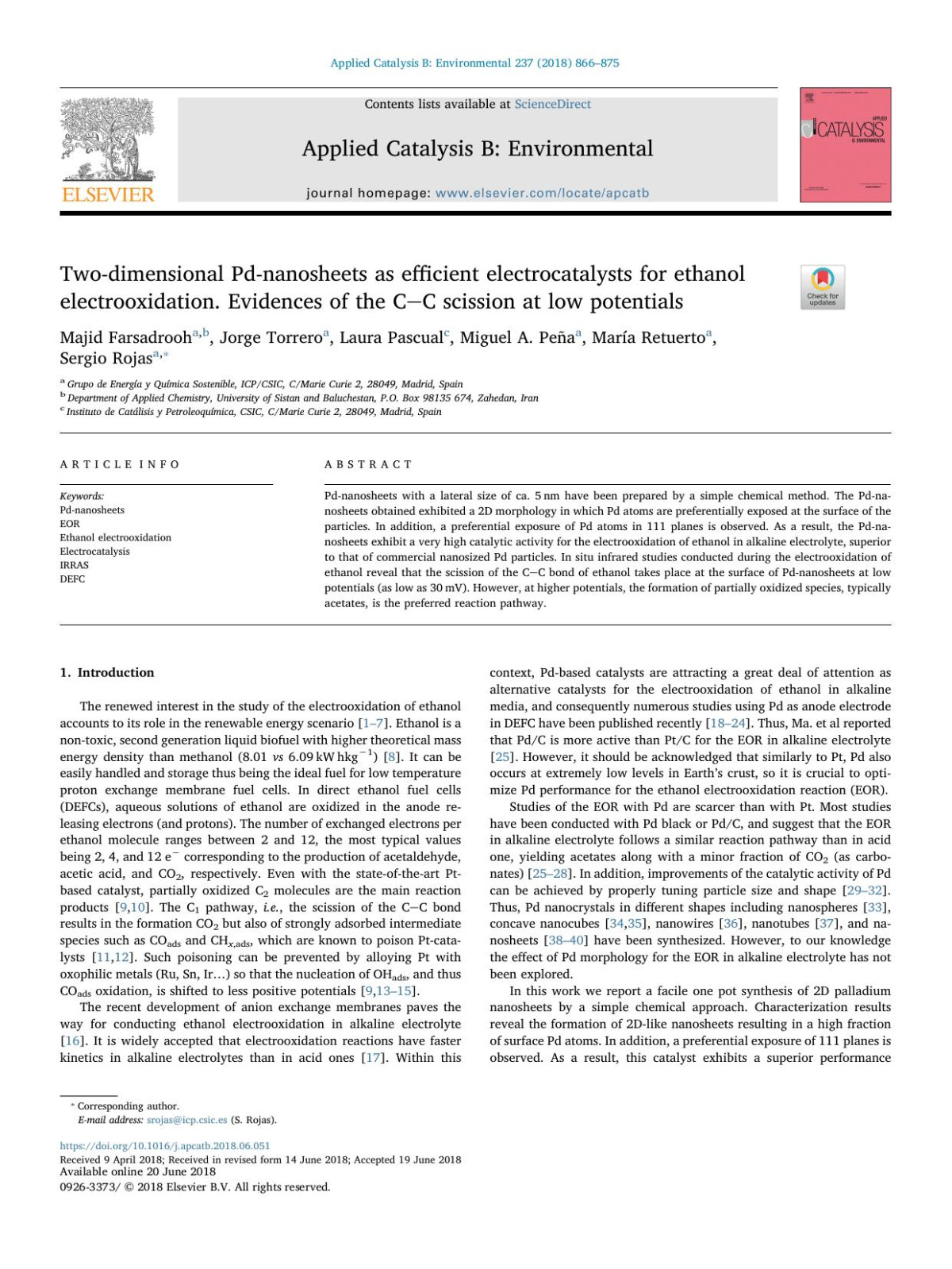 Twodimensional Pdnanosheets As Efficient Electrocatalysts For Ethanol Electrooxidation Evidences Of The Cc Scission At Low Potentials Majid Farsadrooh Jorge Torrero Laura Pascual Miguel A Pea Mara Retuerto Sergio Rojas