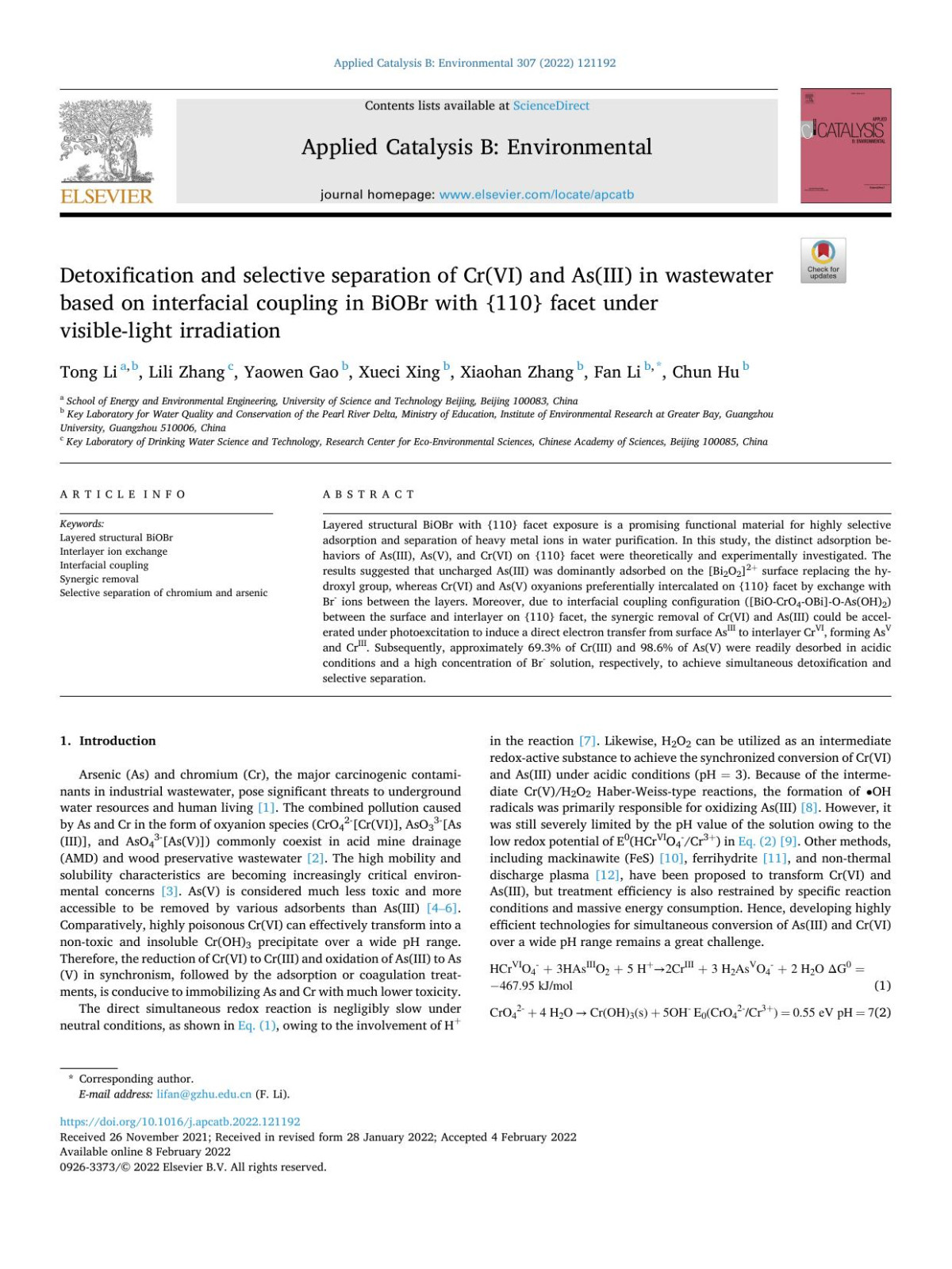 Detoxification And Selective Separation Of Crvi And Asiii In Wastewater Based On Interfacial Coupling In Biobr With 110 Facet Under Visiblelight Irradiation Tong Li