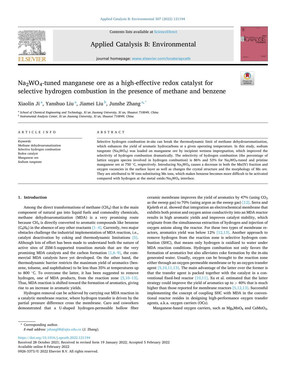 Na2wo4tuned Manganese Ore As A Higheffective Redox Catalyst For Selective Hydrogen Combustion In The Presence Of Methane And Benzene Xiaolin Ji