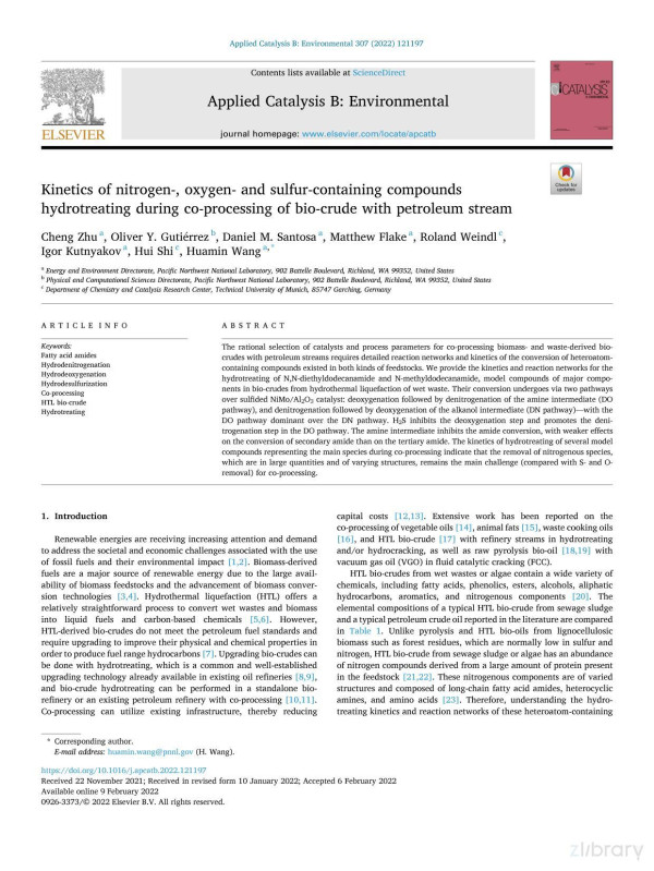 Kinetics Of Nitrogen Oxygen And Sulfurcontaining Compounds Hydrotreating During Coprocessing Of Biocrude With Petroleum Stream Cheng Zhu