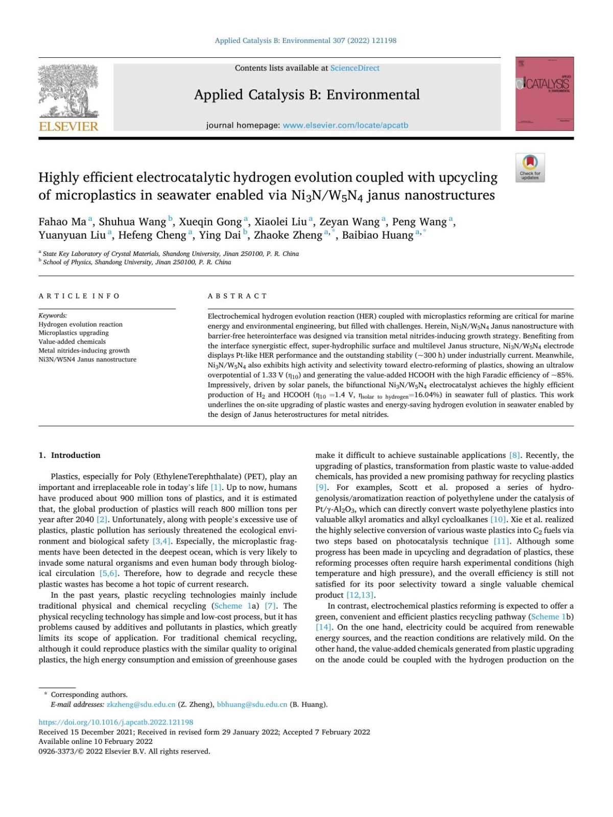 Highly Efficient Electrocatalytic Hydrogen Evolution Coupled With Upcycling Of Microplastics In Seawater Enabled Via Ni3nw5n4 Janus Nanostructures Fahao Ma