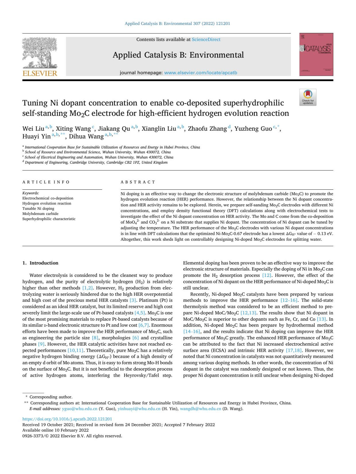 Tuning Ni Dopant Concentration To Enable Codeposited Superhydrophilic Selfstanding Mo2c Electrode For Highefficient Hydrogen Evolution Reaction Wei Liu