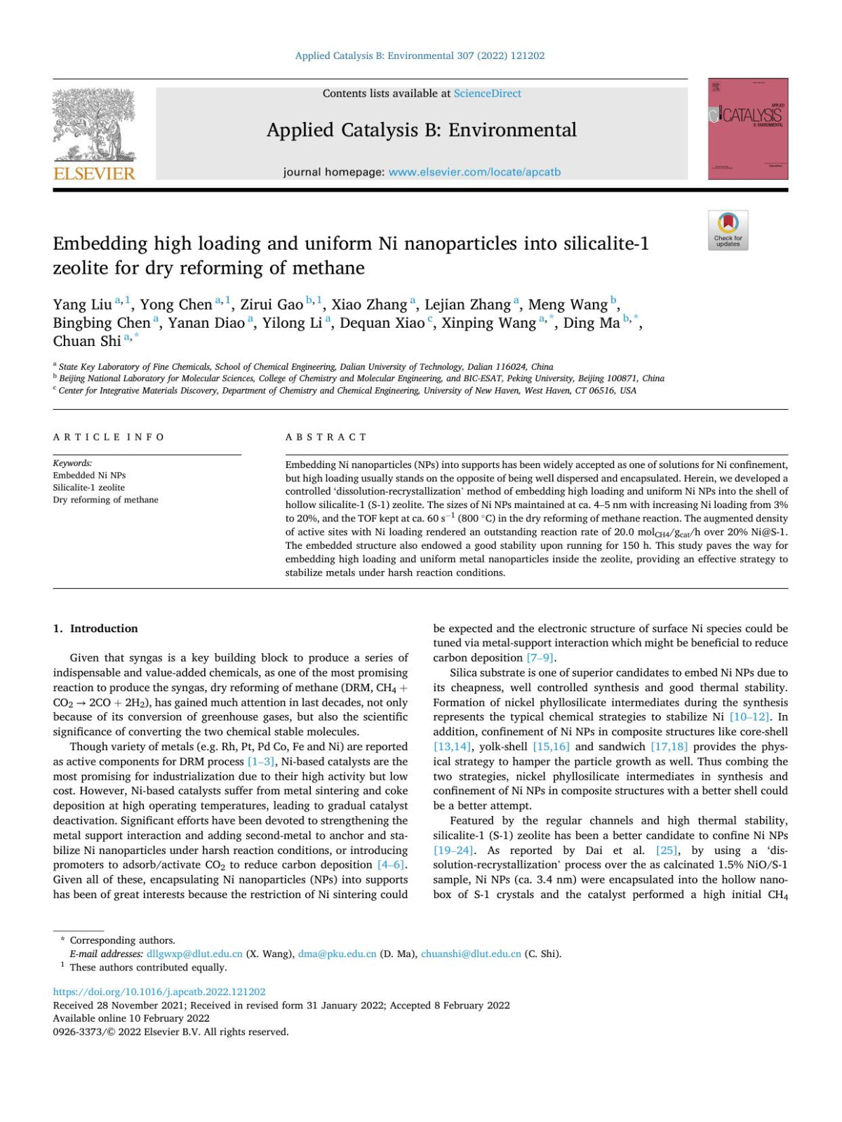 Embedding High Loading And Uniform Ni Nanoparticles Into Silicalite1 Zeolite For Dry Reforming Of Methane Yang Liu