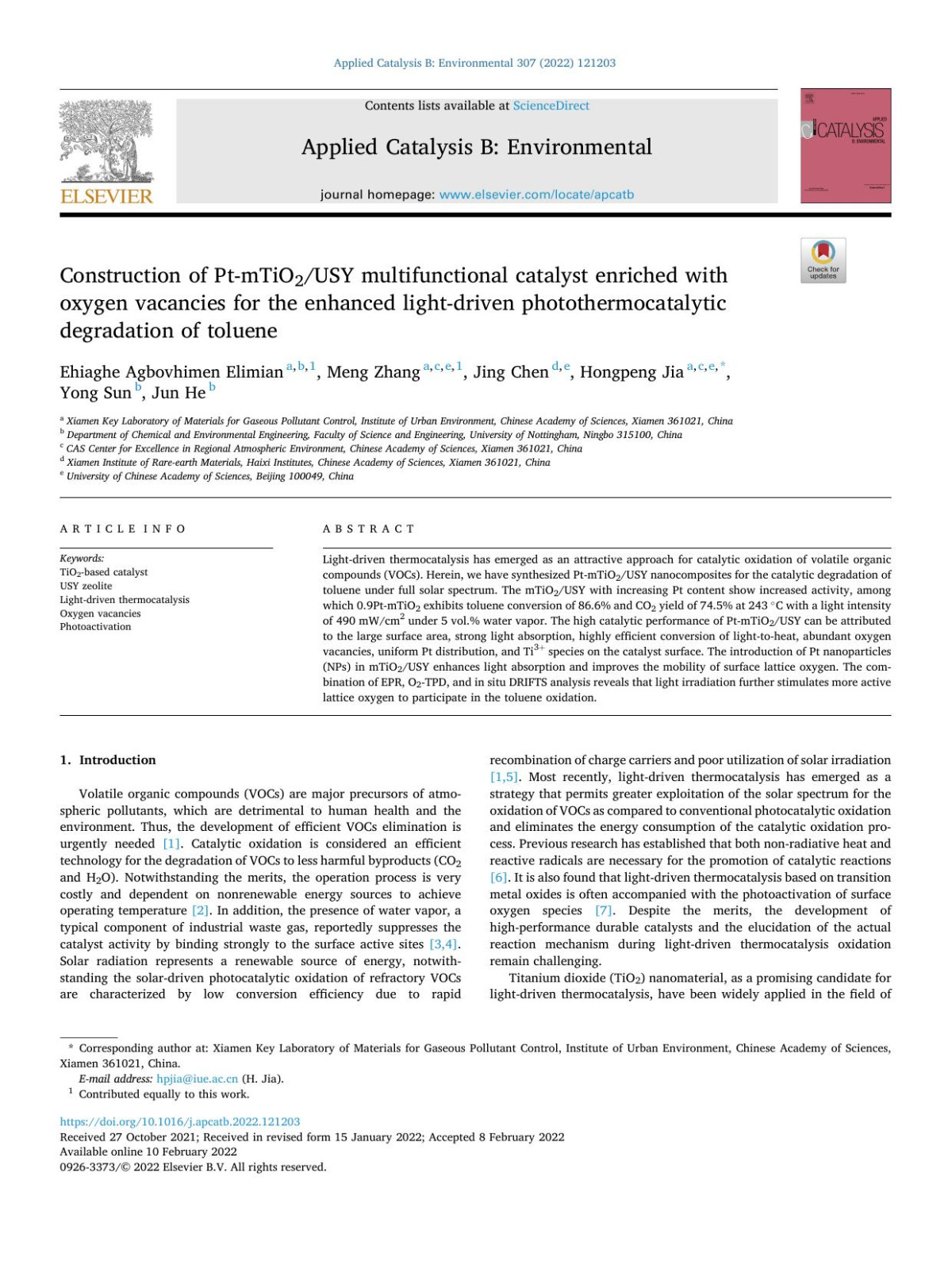 Construction Of Ptmtio2usy Multifunctional Catalyst Enriched With Oxygen Vacancies For The Enhanced Lightdriven Photothermocatalytic Degradation Of Toluene Ehiaghe Agbovhimen Elimian