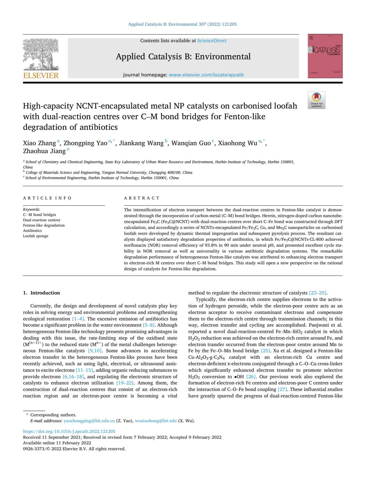 Highcapacity Ncntencapsulated Metal Np Catalysts On Carbonised Loofah With Dualreaction Centres Over Cm Bond Bridges For Fentonlike Degradation Of Antibiotics Xiao Zhang