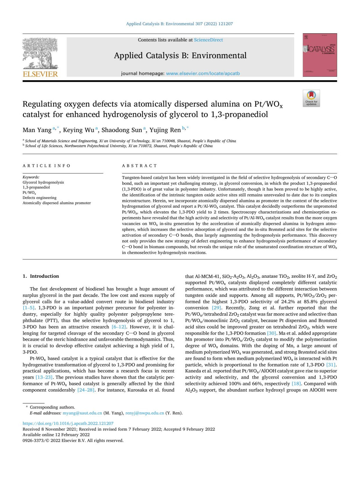 Regulating Oxygen Defects Via Atomically Dispersed Alumina On Ptwox Catalyst For Enhanced Hydrogenolysis Of Glycerol To 13propanediol Man Yang
