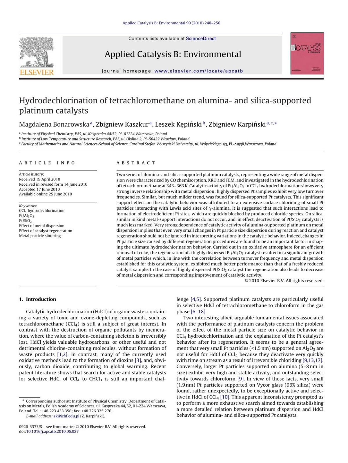 Hydrodechlorination Of Tetrachloromethane On Alumina And Silicasupported Platinum Catalysts Magdalena Bonarowska