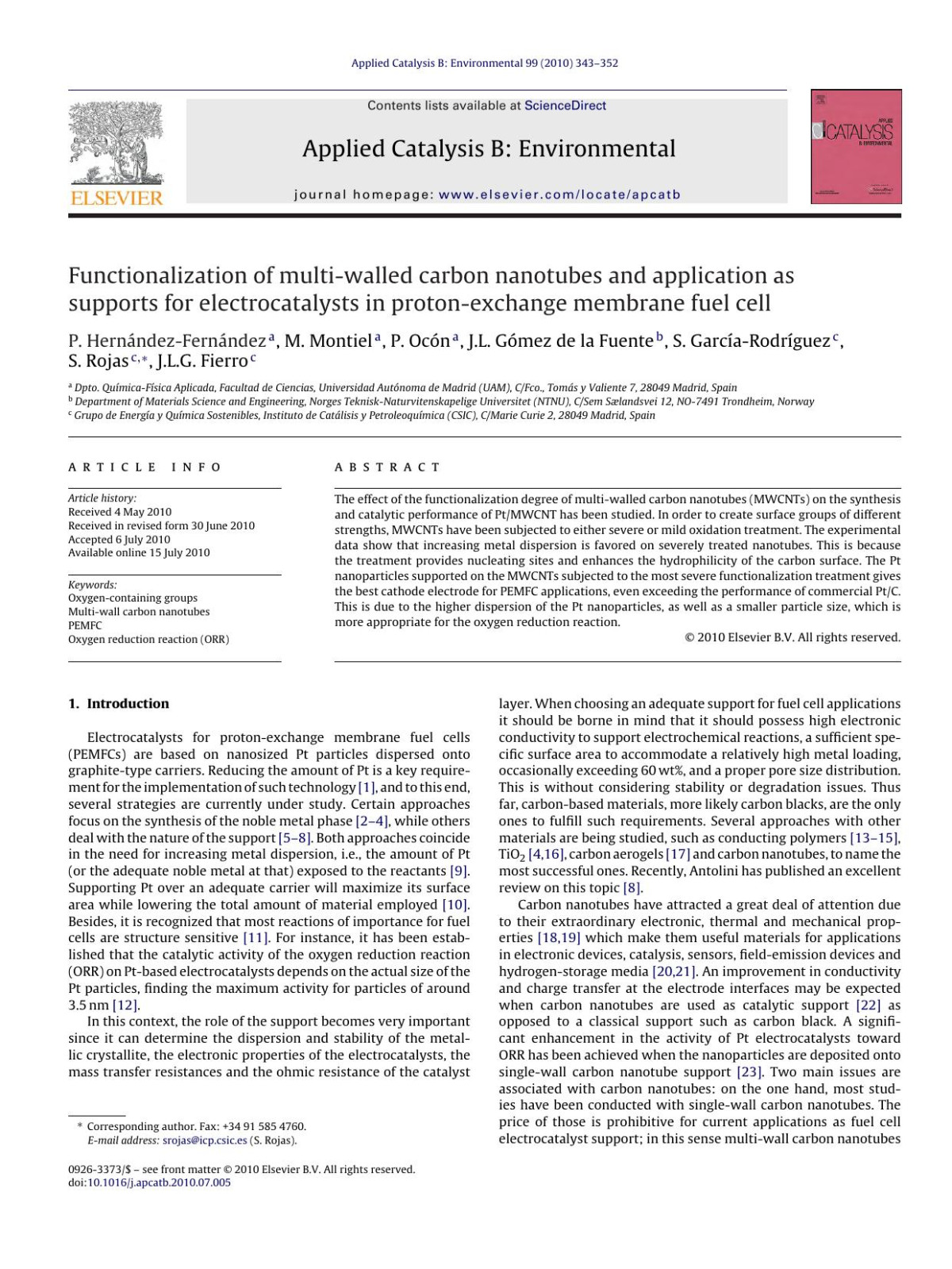 Functionalization Of Multiwalled Carbon Nanotubes And Application As Supports For Electrocatalysts In Protonexchange Membrane Fuel Cell P Hernndezfernndez