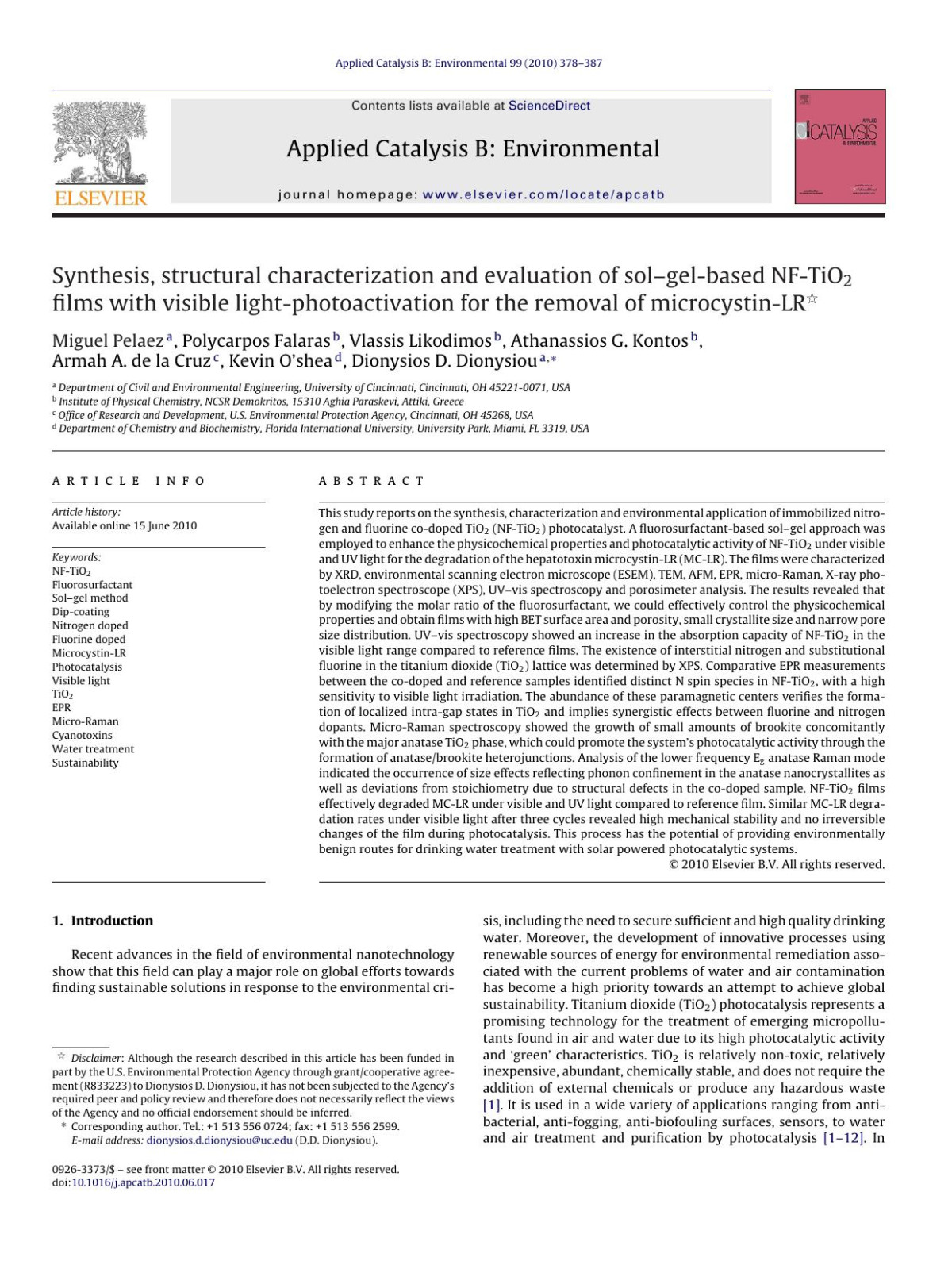 Synthesis Structural Characterization And Evaluation Of Solgelbased Nftio2 Films With Visible Lightphotoactivation For The Removal Of Microcystinlr Miguel Pelaez