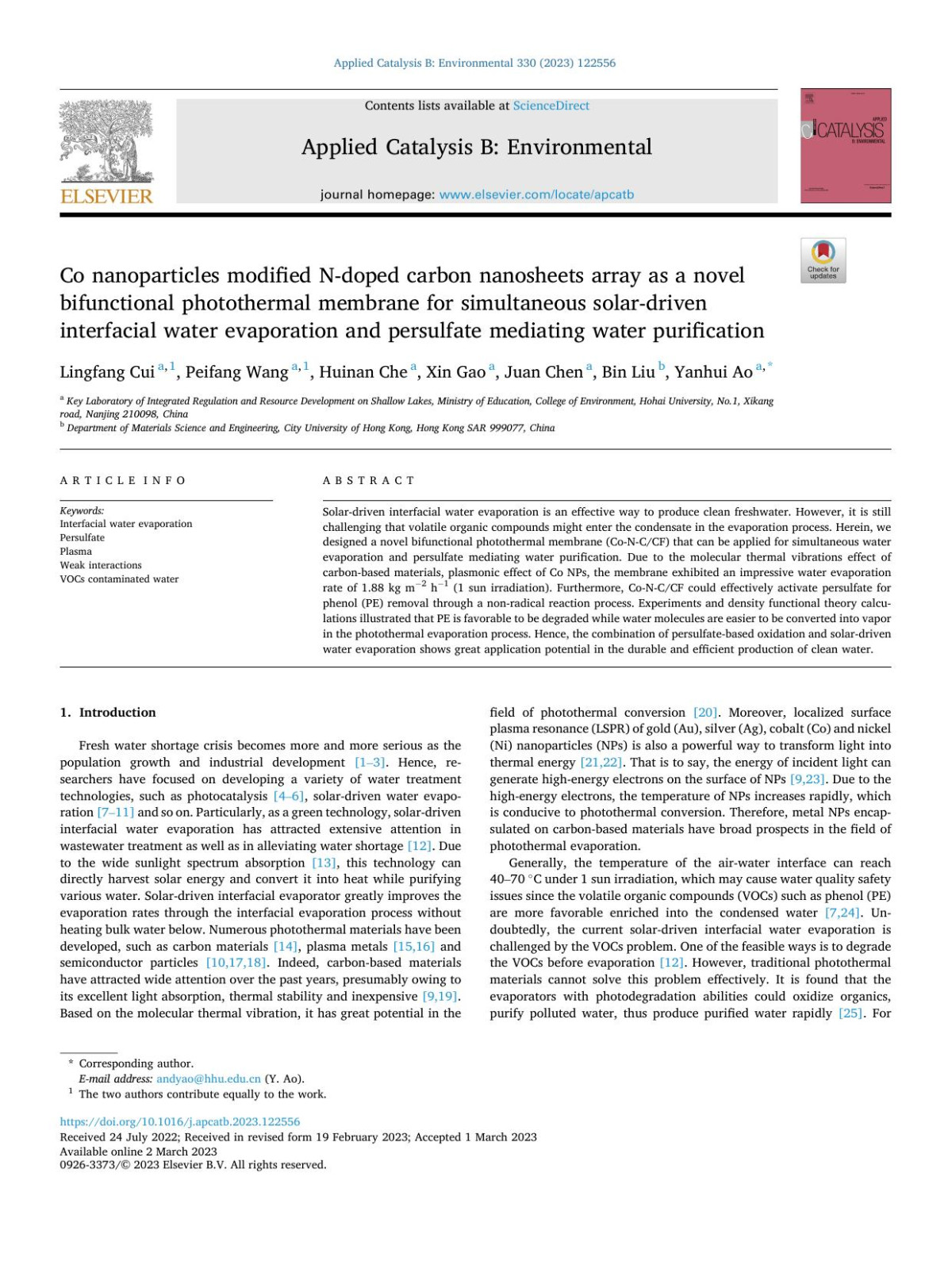 Co Nanoparticles Modified Ndoped Carbon Nanosheets Array As A Novel Bifunctional Photothermal Membrane For Simultaneous Solardriven Interfacial Water Evaporation And Persulfate Mediating Water Purification Lingfang Cui