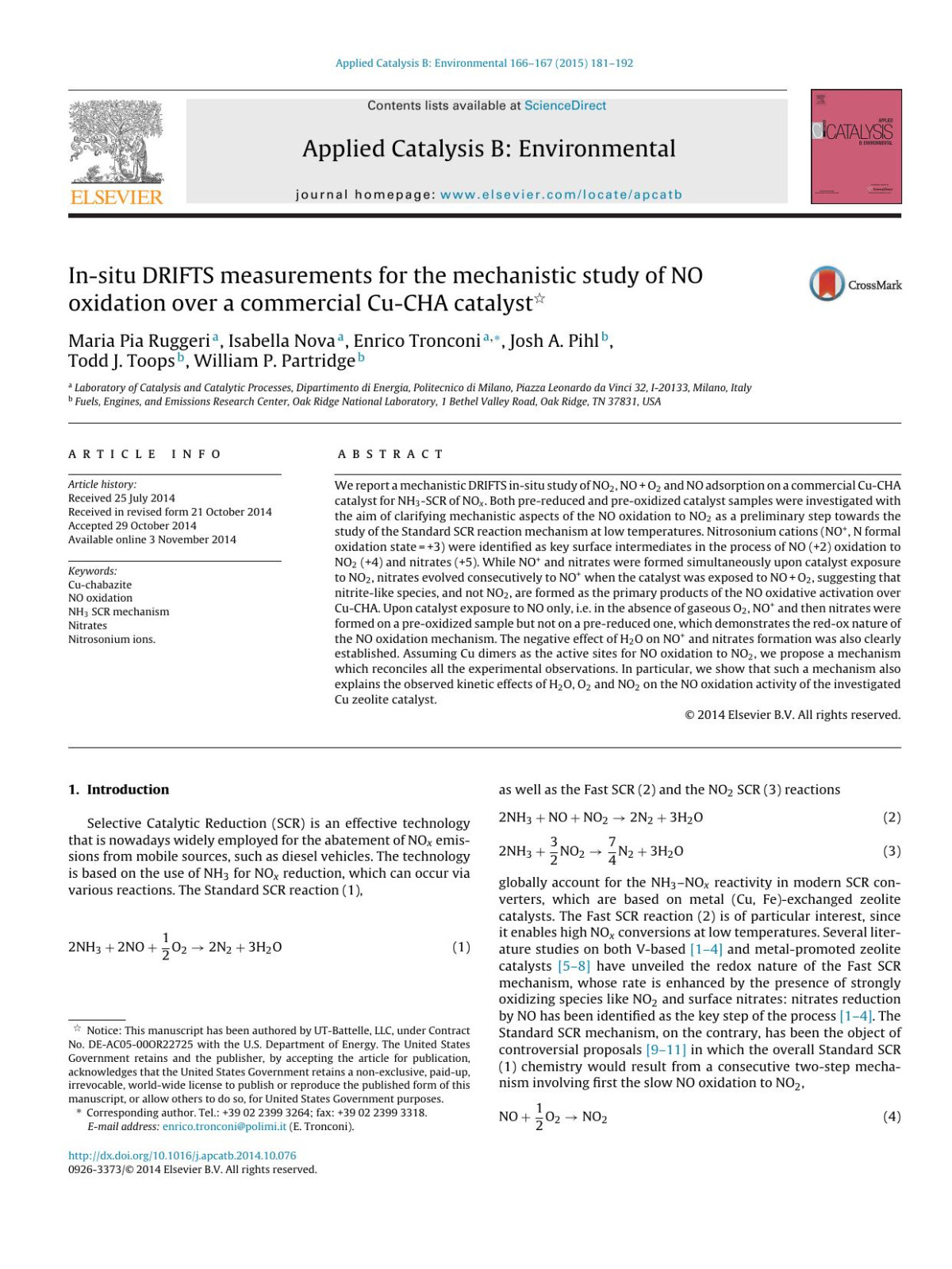 Insitu Drifts Measurements For The Mechanistic Study Of No Oxidation Over A Commercial Cucha Catalyst Maria Pia Ruggeri Isabella Nova Enrico Tronconi Josh A Pihl Todd J Toops William P Partridge