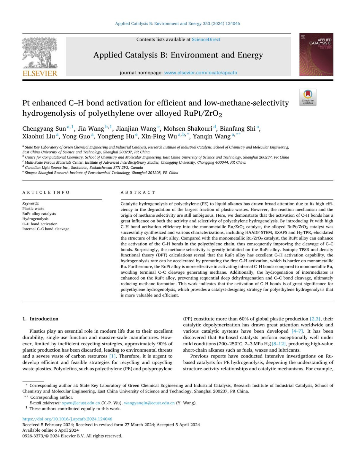 Pt Enhanced Ch Bond Activation For Efficient And Lowmethaneselectivity Hydrogenolysis Of Polyethylene Over Alloyed Ruptzro2 Chengyang Sun