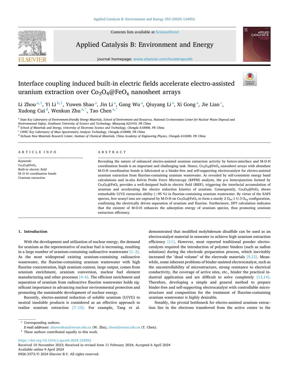 Interface Coupling Induced Builtin Electric Fields Accelerate Electroassisted Uranium Extraction Over Co3o4feox Nanosheet Arrays Li Zhou