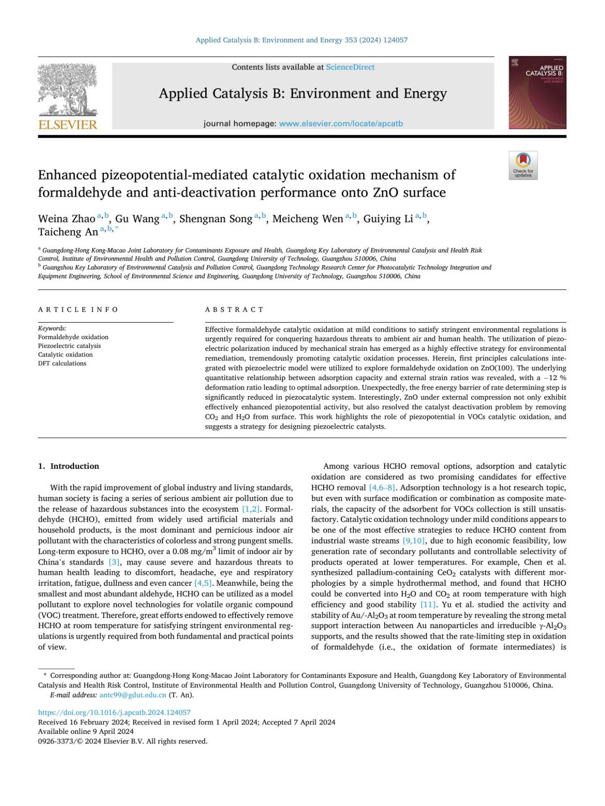 Enhanced Pizeopotentialmediated Catalytic Oxidation Mechanism Of Formaldehyde And Antideactivation Performance Onto Zno Surface Weina Zhao