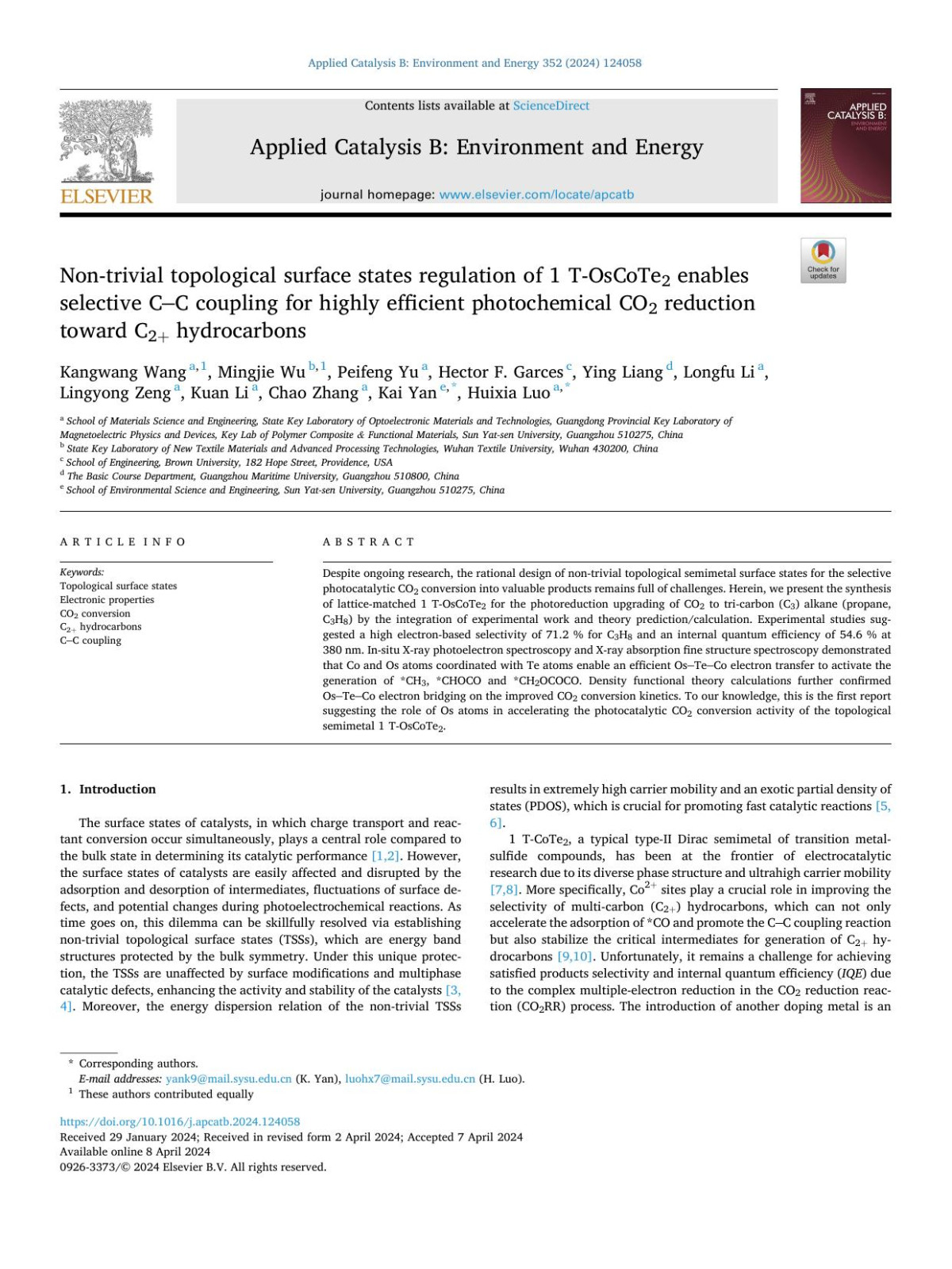 Nontrivial Topological Surface States Regulation Of 1toscote2 Enables Selective Cc Coupling For Highly Efficient Photochemical Co2 Reduction Toward C2 Hydrocarbons Kangwang Wang