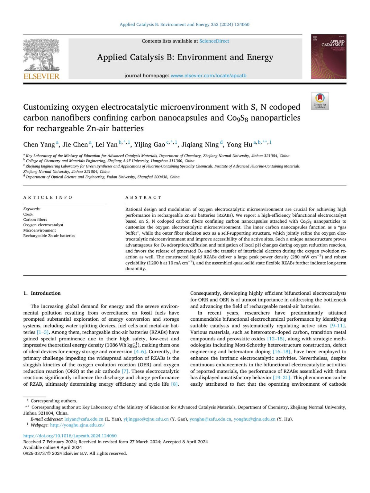 Customizing Oxygen Electrocatalytic Microenvironment With S N Codoped Carbon Nanofibers Confining Carbon Nanocapsules And Co9s8 Nanoparticles For Rechargeable Znair Batteries Chen Yang