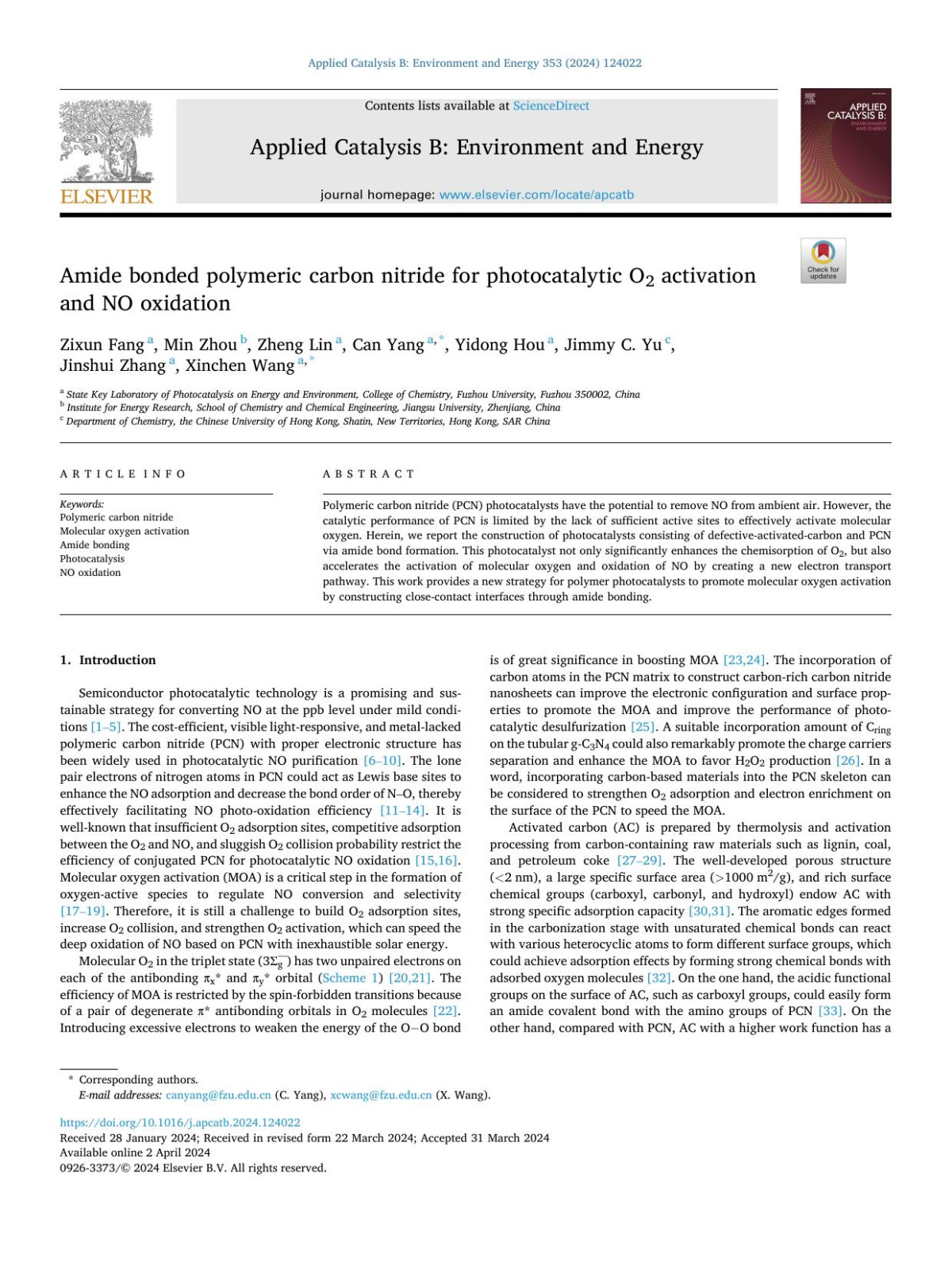 Amide Bonded Polymeric Carbon Nitride For Photocatalytic O2 Activation And No Oxidation Zixun Fang